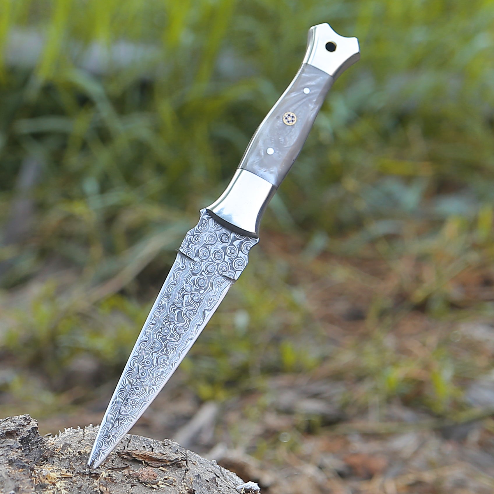 Premium Damascus Steel Fixed Blade Knife with Mother of Pearl Resin Handle - Hunting, Camping & Outdoor Survival Tool
