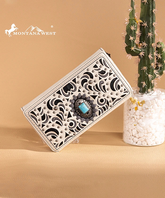 Montana West Cut Out Embroidered Concho Wallet for Women - Western Style Leather Bifold Wallet with ID Window - Perfect for Cowgirl Fashion, Rodeo Events and Everyday Use