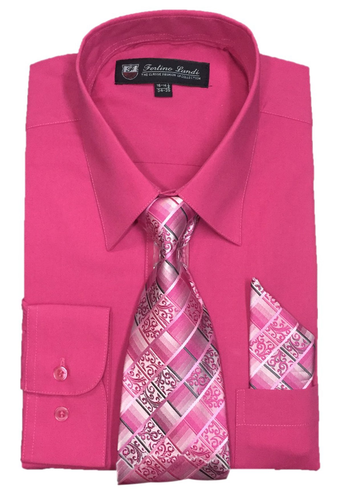 Fortino Landi Men's Long Sleeve Dress Shirt Set with Matching Tie & Pocket Square | Formal Business Attire for Office, Weddings & Special Occasions
