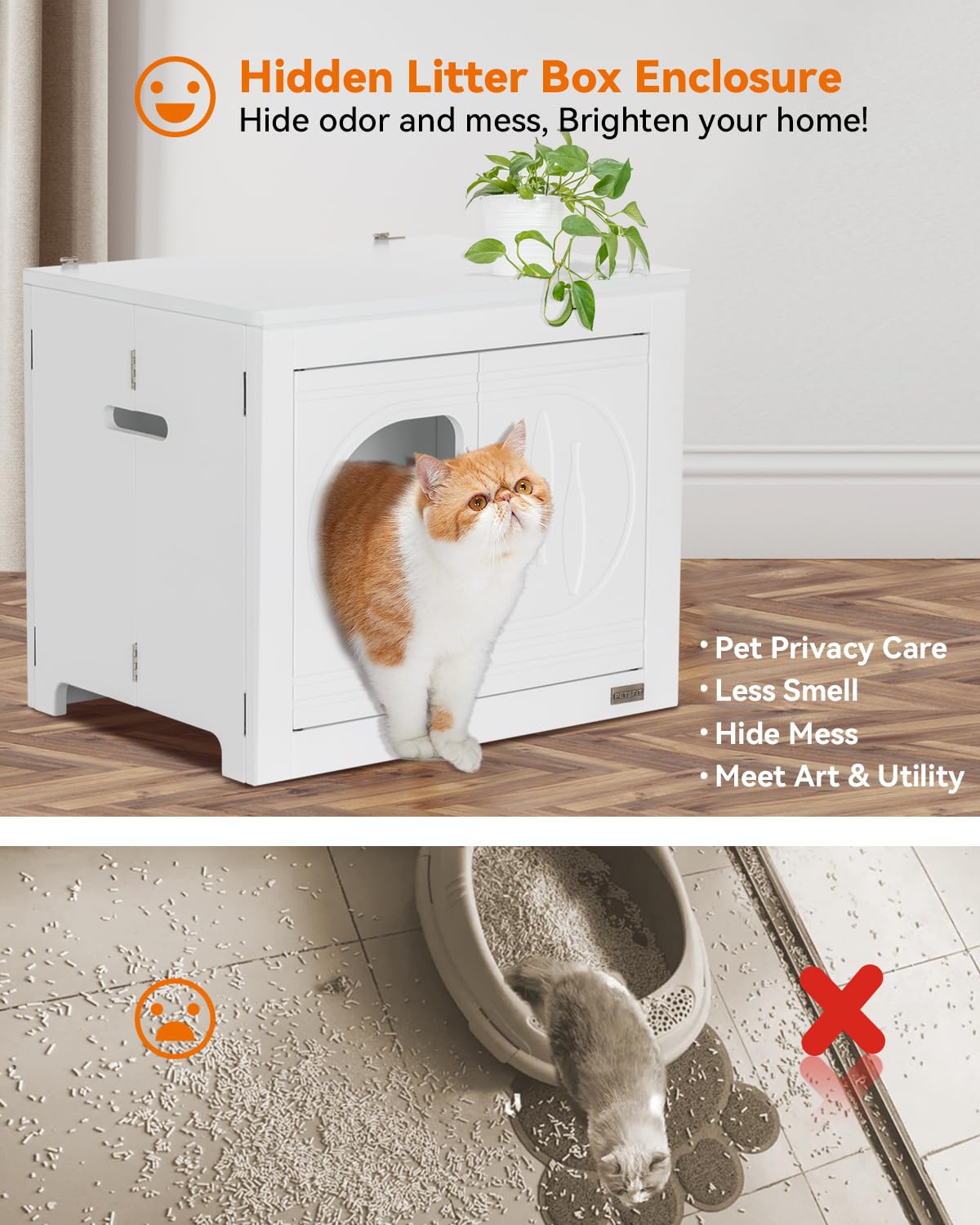 Petsfit Foldable Cat Litter Box Enclosure Furniture - No Assembly Needed, Multi-Functional Cat House & End Table, Fits Most Litter Boxes (White) | Perfect for Small Spaces, Living Rooms & Pet-Friendly Homes