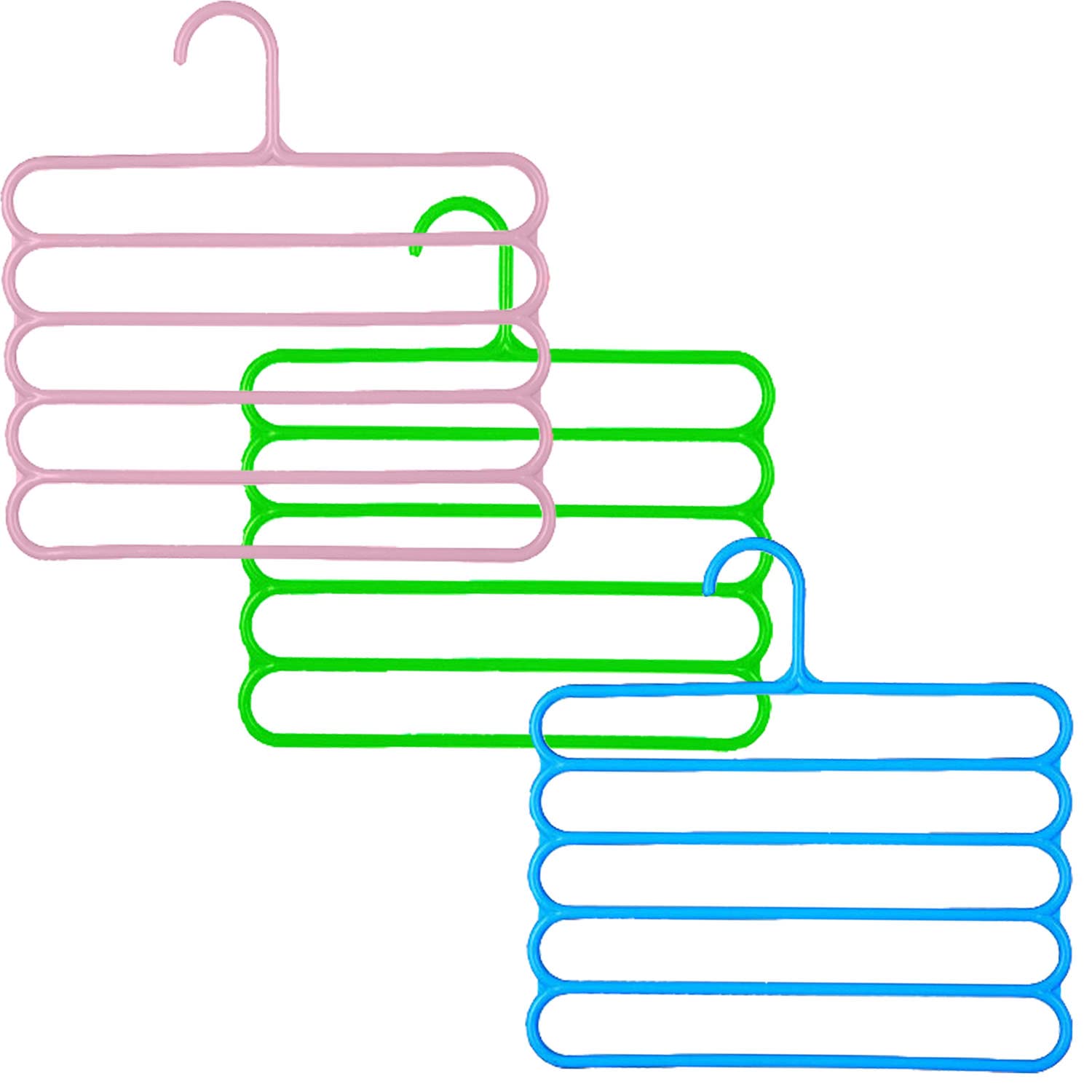5-Layer Slip-Free Closet Pants Organizer - Space-Saving Multifunctional Clothes Hanger for Trousers, Scarves, Ties (3 Pack, Pink/Green/Blue) - Perfect for Bedroom, Closet & Travel Storage Organization