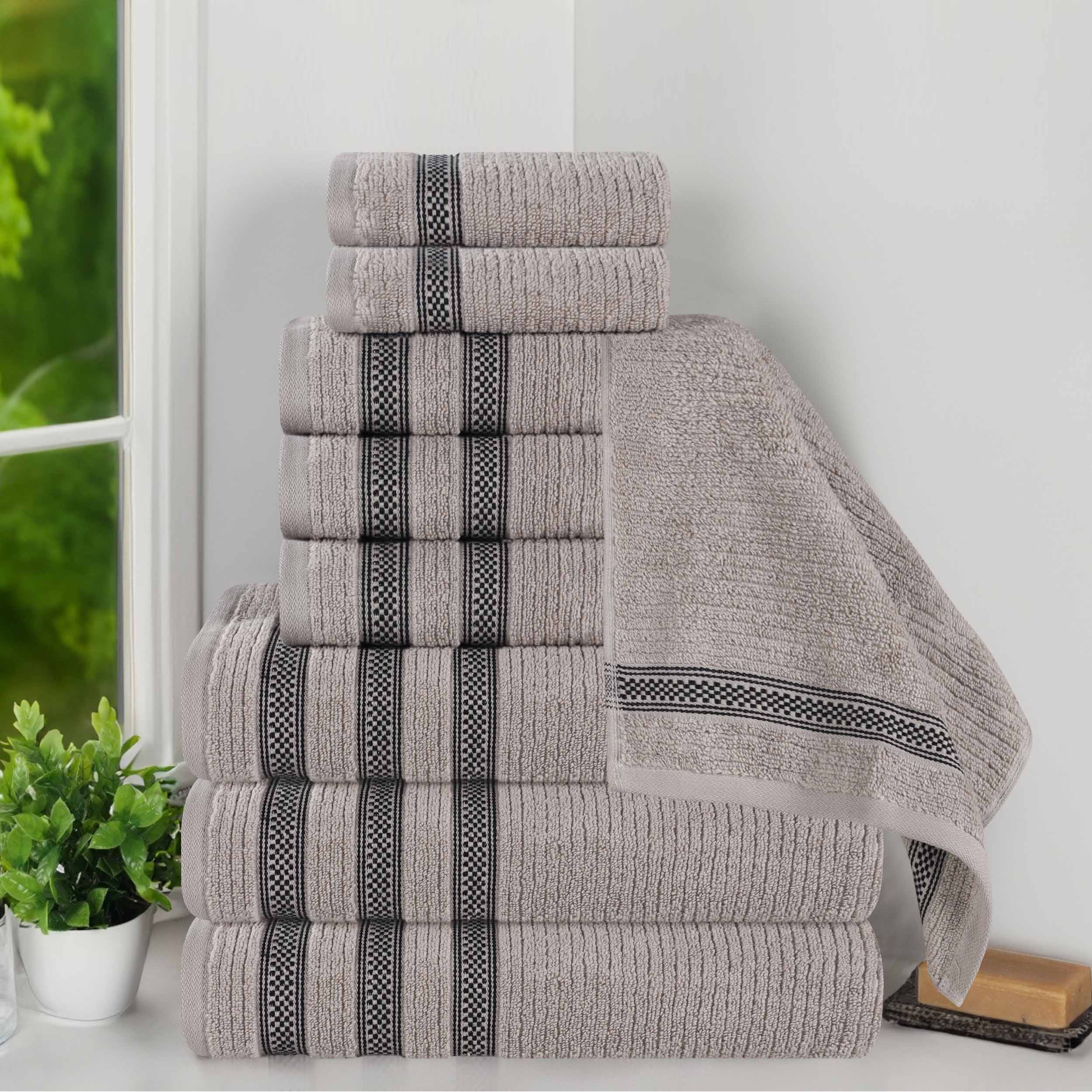 Zero Twist Cotton Ribbed Geometric Border Plush 9-Piece Towel Set | Ultra Soft Bath & Beach Towels for Spa, Pool & Home Use