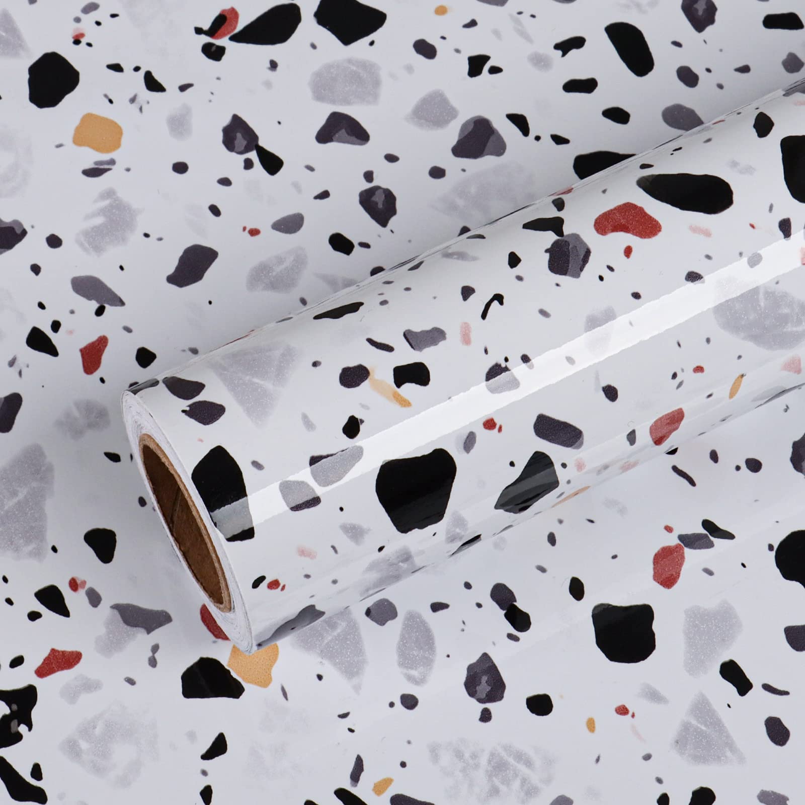 VEELIKE 15.7''x118'' Glossy Terrazzo Contact Paper - Waterproof Self-Adhesive Marble Countertop Cover | Peel and Stick Vinyl Wallpaper for Kitchen Countertops, Bathroom Walls, Shelves & Drawer Liners | Easy DIY Home Decor Upgrade