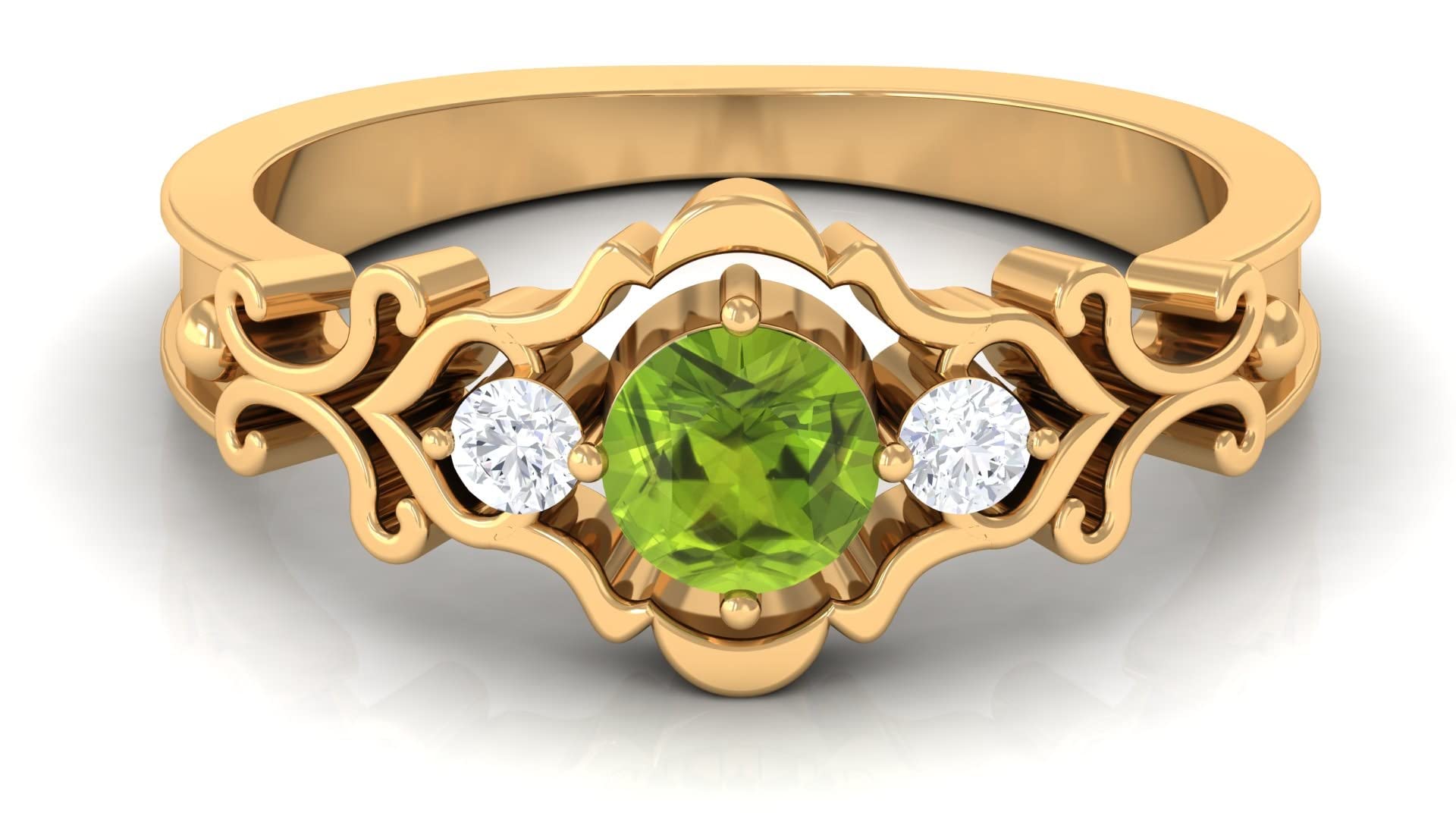 0.50 CT Natural Peridot & Diamond Ring - 14K Solid Gold Three Stone Vintage Ring for Women | August Birthstone Jewelry Gift for Anniversary, Engagement & Special Occasions