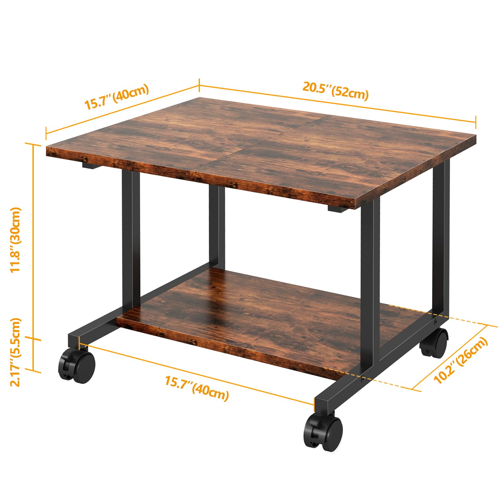 Under Desk Printer Stand with Wheels - 20.5 x 15.7 Inches Rolling Printer Cart for Home Office, Small Printer Table with Storage Shelf, Industrial Printer Stand in Rustic Brown - Perfect for Organizing Printers, Scanners & Office Supplies Under Your Desk