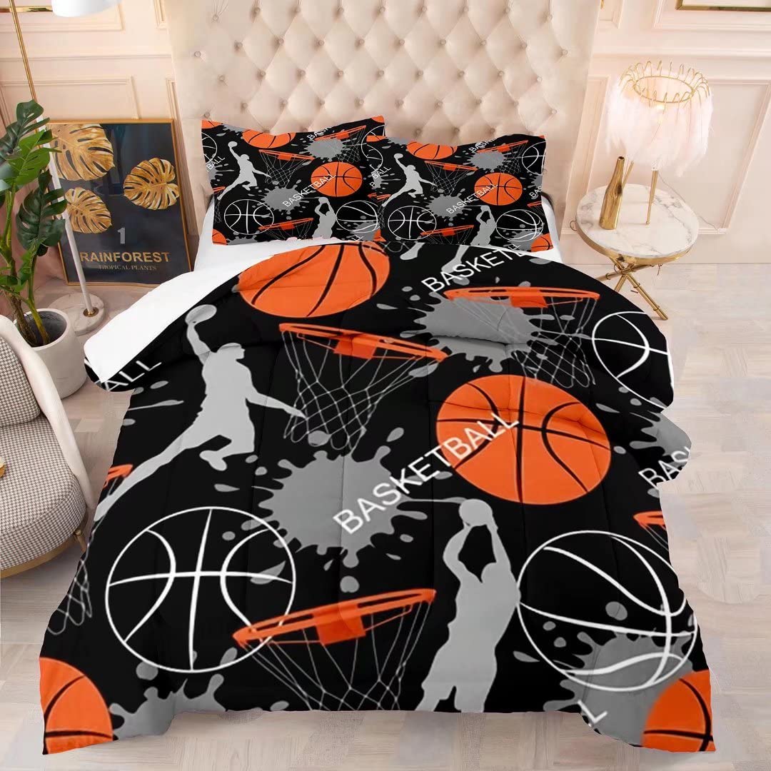 King Size Boys Basketball Comforter Set - Sports Themed Bedding for Kids & Teens - Includes 1 Quilted Duvet & 2 Pillowcases - Perfect for Basketball Players' Bedrooms & Game Room Decor