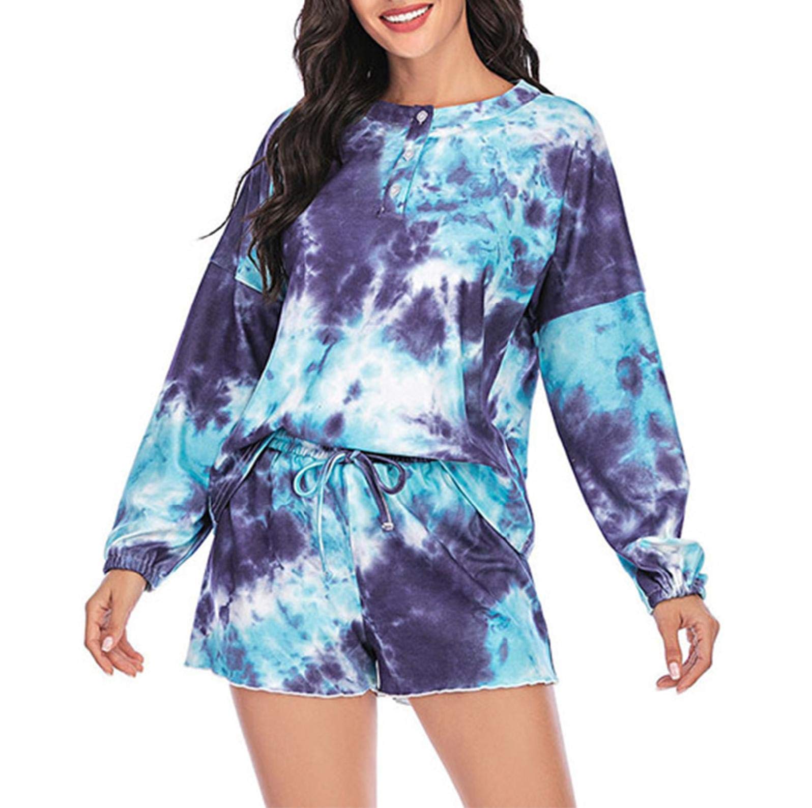 Women's Tie-Dye Printed Cotton Pajama Set - Long Sleeve Top & Shorts 2-Piece Sleepwear for Lounge, Sleep & Relaxation | Soft & Comfortable PJ Set for Women