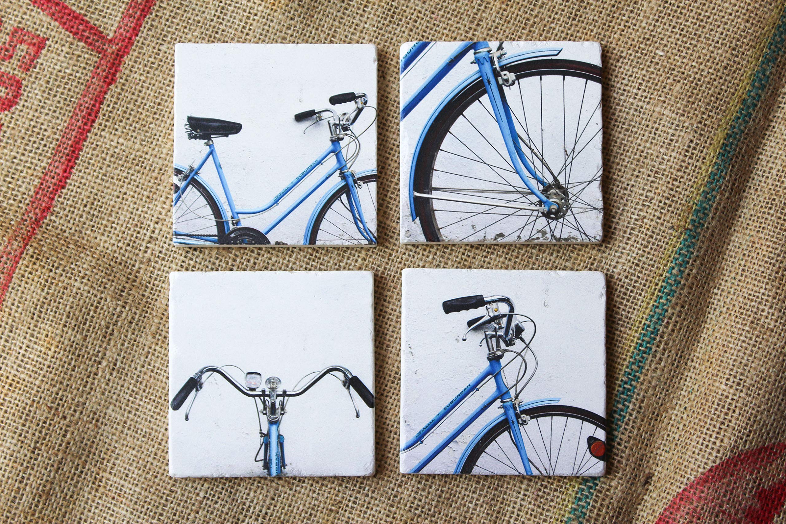 Blue Schwinn Suburban Bike Coasters Set of 4 - Vintage Bicycle Themed Drink Coasters with Marble Photo Design - Perfect Gift for Cyclists & Bike Lovers - Ideal for Home Bar, Office Desk & Outdoor Picnics