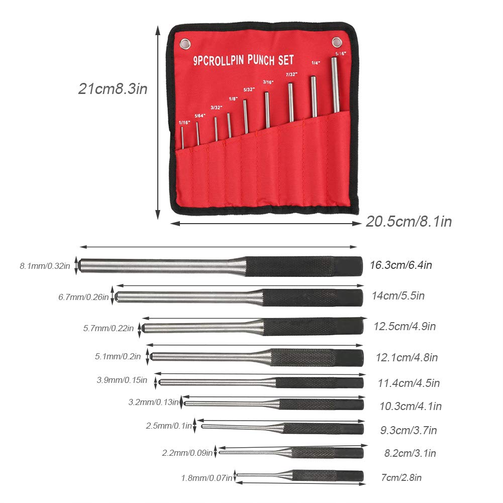 HEEPDD 9-Piece Roll Pin Punch Set - Premium Steel Gunsmith Tool Kit with Zippered Case for Automotive, Watch & Jewelry Repair | Perfect for DIY Crafts, Firearm Maintenance & Watchmaking Projects