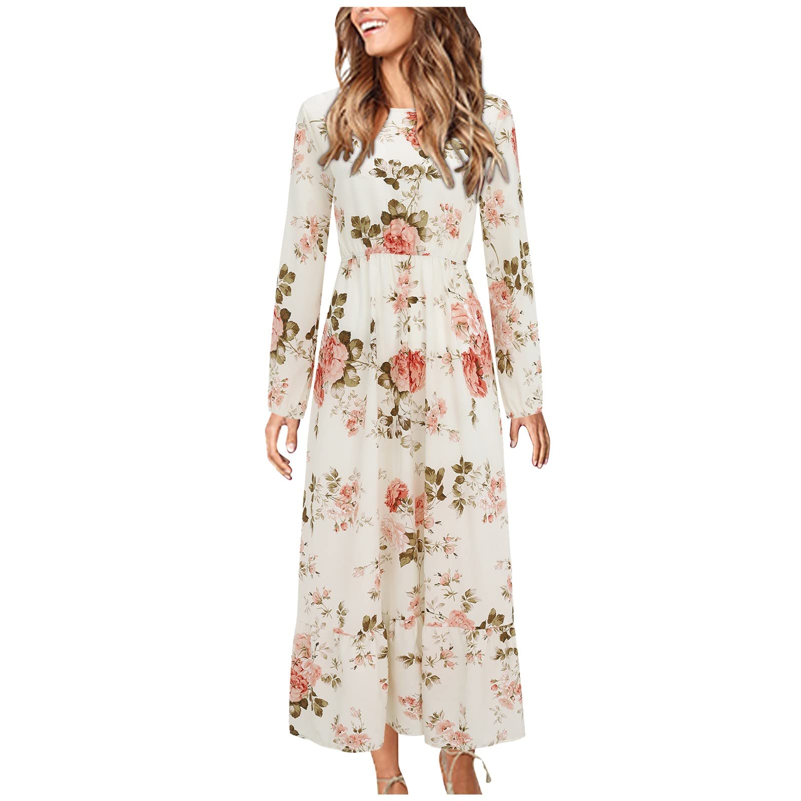 Elegant Floral Printed Long Sleeve Women's Casual Dress with Ruffle Detail - Tea Length Mother of The Bride Dress for Wedding, Party & Special Occasions