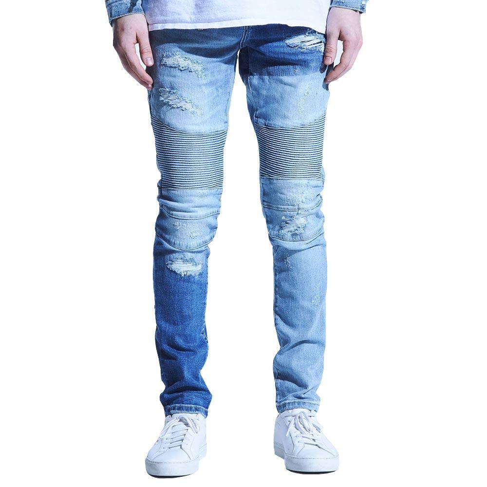 Embellish Langford Biker Denim Jeans - Patchwork Light Indigo Washed Women's High Waisted Skinny Jeans | Perfect for Casual Outfits, Motorcycle Riding & Streetwear Fashion