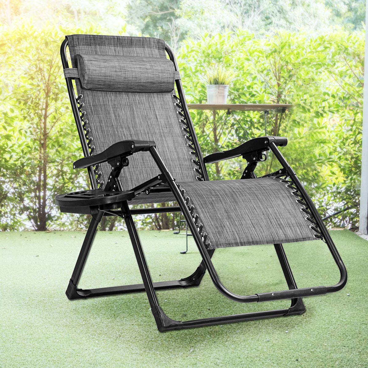 SAFSTAR Zero Gravity Chair - Oversized Outdoor Lounge Chair with Cup Holder & Detachable Pillow, 500 Lbs Capacity Folding Patio Recliner for Backyard, Poolside, Beach, Camping - Comfortable Gray Relaxation Chair