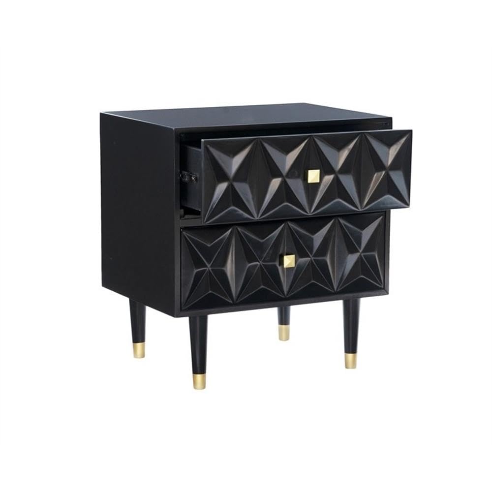 Modern Black Wooden Nightstand with Two Drawers and Geometric Texture - Perfect for Bedroom, Living Room, or Office Storage