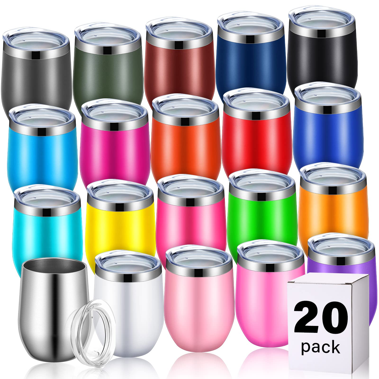 20 Pack 12 oz Stainless Steel Wine Tumblers with Lids - Double Wall Insulated Stemless Wine Glasses for Wine, Coffee, Cocktails & Champagne - 20 Assorted Colors - Perfect for Parties, Picnics, BBQs & Outdoor Gatherings