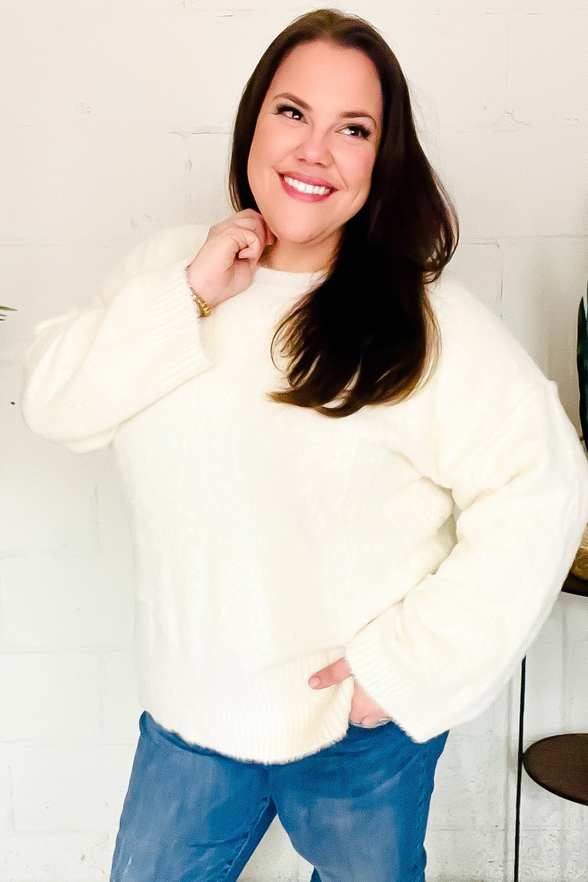 Classic Elegance Ivory Fuzzy Soft Knit Sweater for Women - Cozy Winter Pullover with Long Sleeves - Perfect for Casual Outfits, Office Wear & Holiday Gatherings