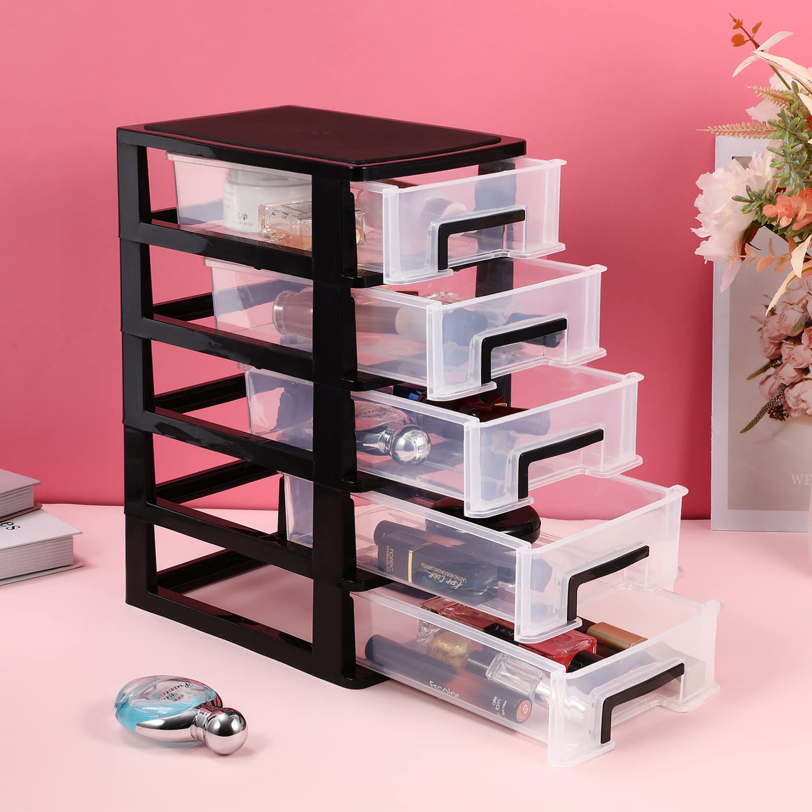 5-Tier Plastic Storage Drawer Cabinet - Portable Transparent Organizer for Closet, Desktop & Home Organization (Black, 5.9x8.3x12.3in) - Perfect for Office Supplies, Crafts, Makeup & Small Item Storage