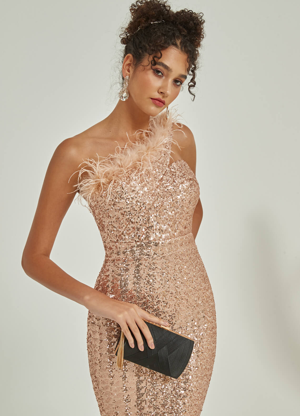 Luxury Champagne Gold One Shoulder Feather Sequin Mermaid Formal Gown - Elegant Evening Dresses for Prom, Gala & Black Tie Events