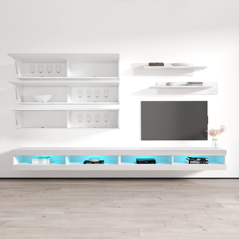 Modern White Wall-Mounted TV Stand with Storage Shelves & LED Lights - Floating Entertainment Center Console for Bedroom & Living Room - Perfect for Small Spaces & Home Theater Setups