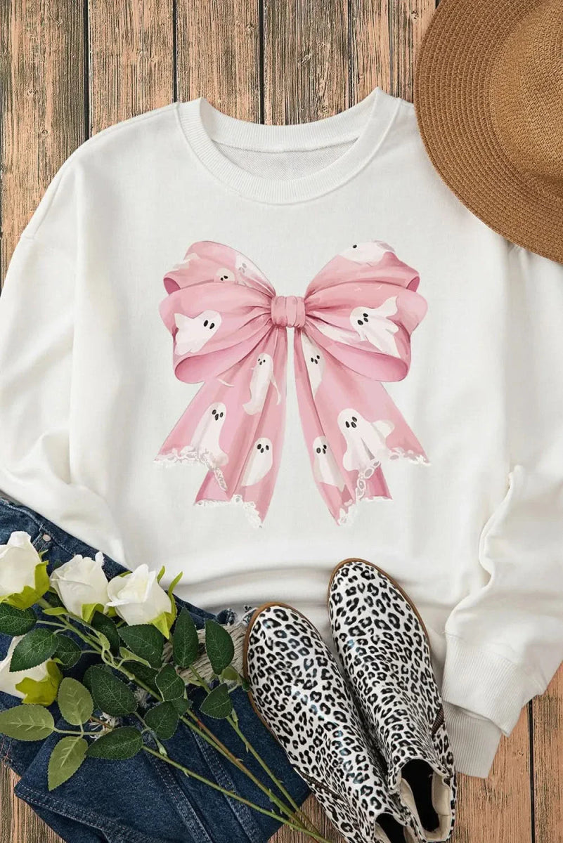 Bow Round Neck Long Sleeve Sweatshirt for Women - Soft Cotton Pullover Top with Cute Bow Detail - Perfect for Casual Wear, Office Outfits & Fall Layering