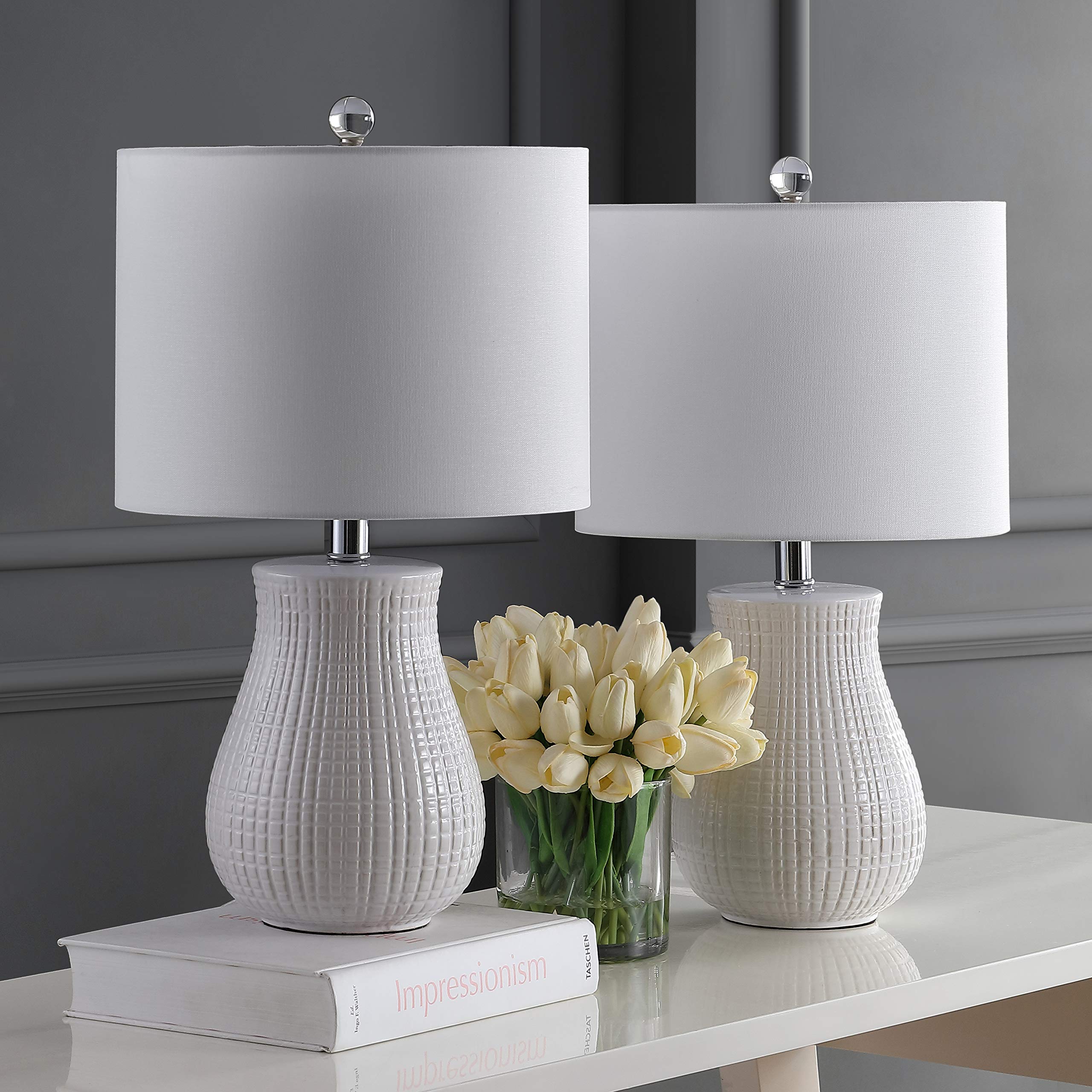 SAFAVIEH Lighting Dayton White 21-Inch Table Lamp Set of 2 with LED Bulbs - Modern Bedside, Living Room & Office Lighting for Home Decor