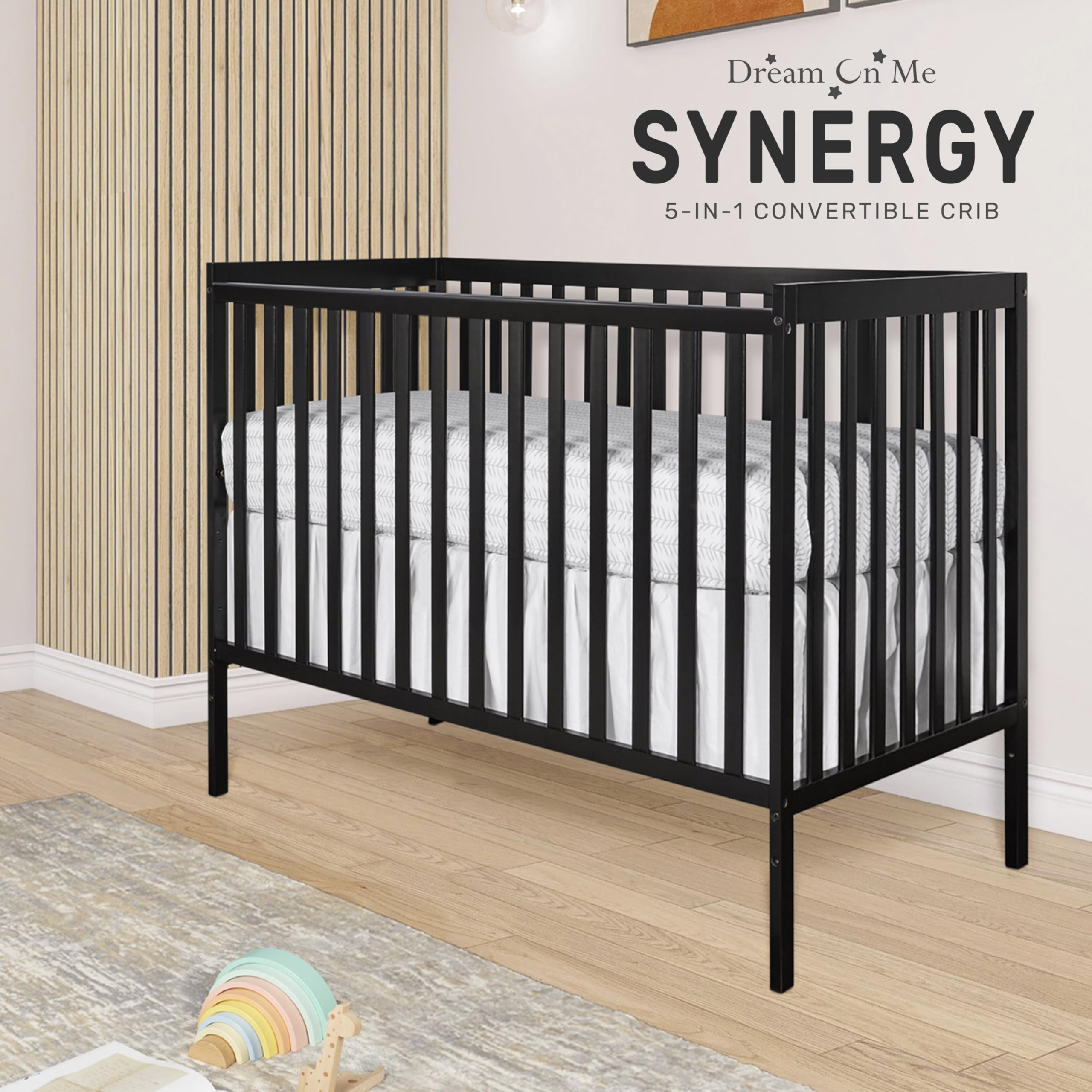 Dream On Me Synergy 5-in-1 Convertible Crib - Black | JPMA & Greenguard Gold Certified | Solid Reclaimed New Zealand Pine Wood | 3 Adjustable Mattress Heights | Nursery & Toddler Bedroom Essential