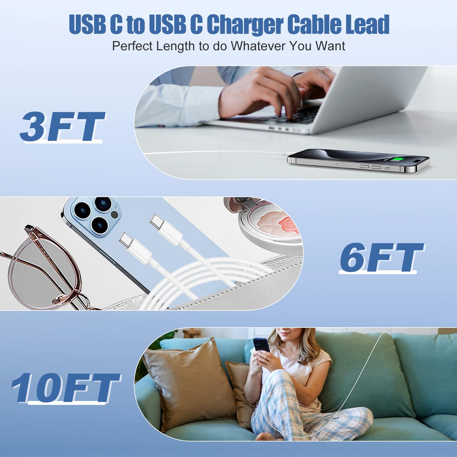 60W USB C to USB C Fast Charger Cable for iPhone 15/15 Pro/15 Plus/15 Pro Max - 3/6/10 Feet Length Options - Compatible with iPad Pro 12.9/11 inch, iPad Air 5th/4th Gen, iPad Mini - Fast Charging for Home, Office & Travel Use