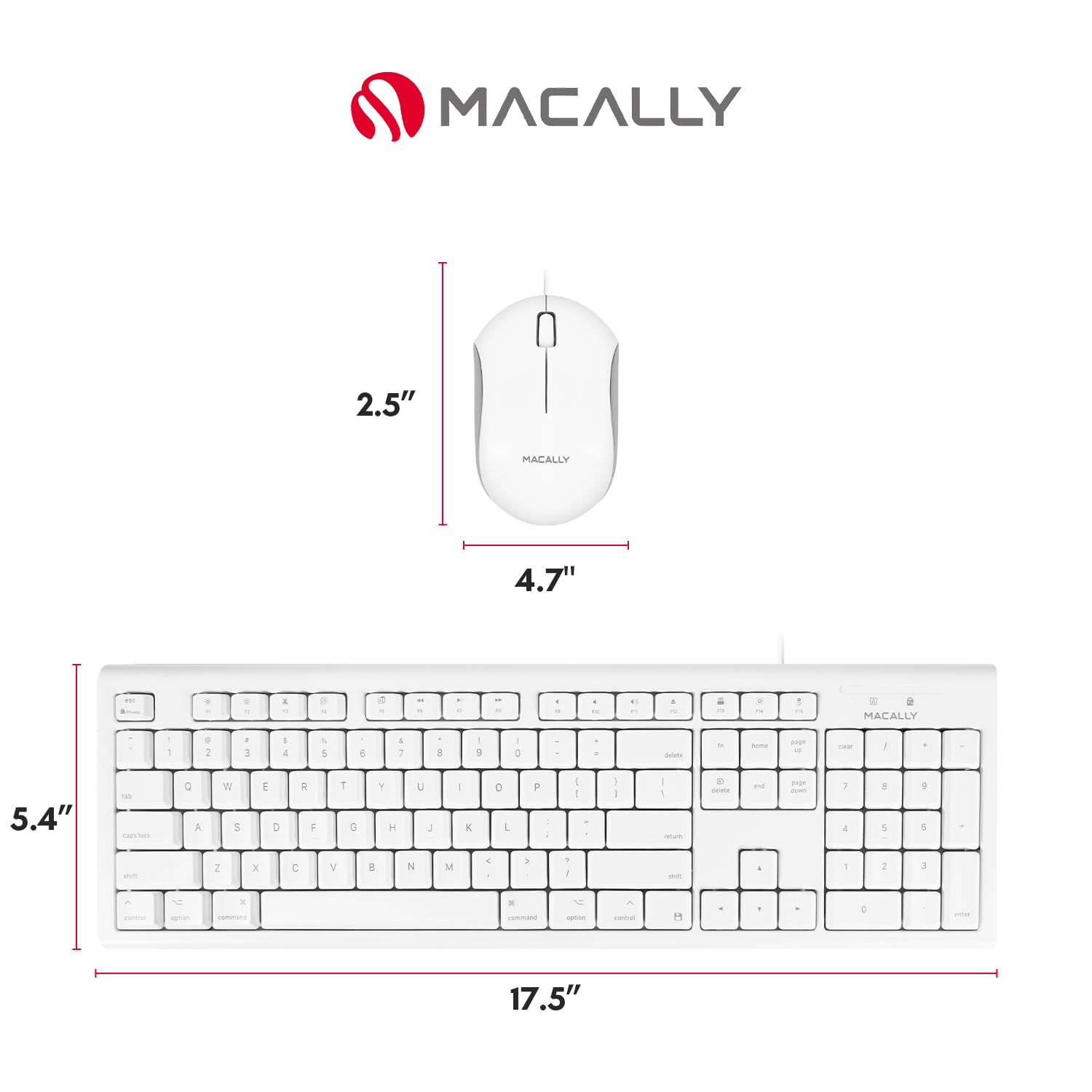Macally Full Size USB Wired Keyboard and Mouse Combo for Mac - Ergonomic Design with Mac Shortcuts & Number Pad | Compatible with Mac Mini Pro, iMac, MacBook Pro/Air | Perfect for Office Work, Graphic Design & Home Computing