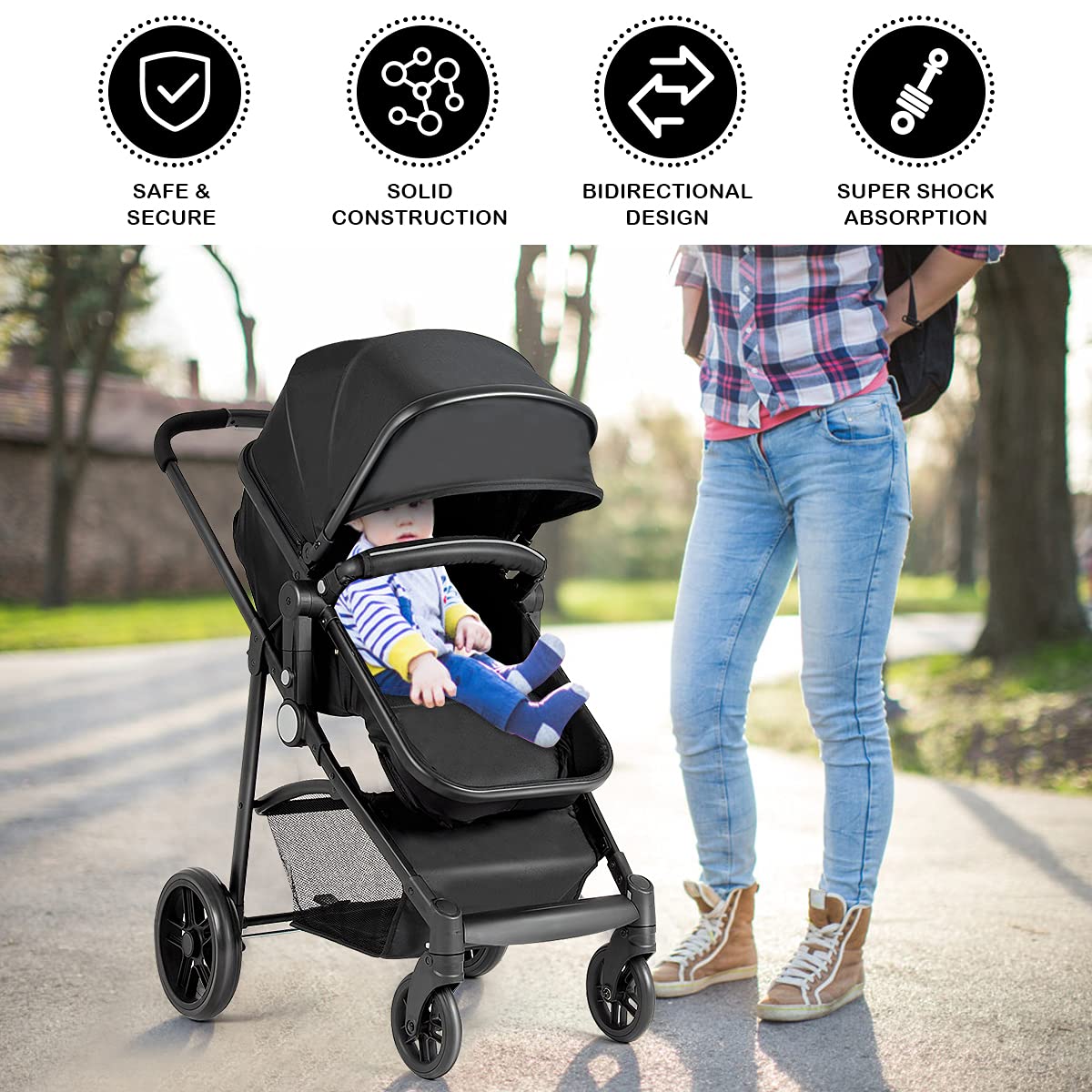 HONEY JOY Convertible Baby Stroller with Adjustable Canopy & Reclining Backrest - Foldable Infant Bassinet Pram with Storage Basket & Cup Holder for Newborns (Black) | Perfect for Park Walks, Shopping Trips & Family Outings