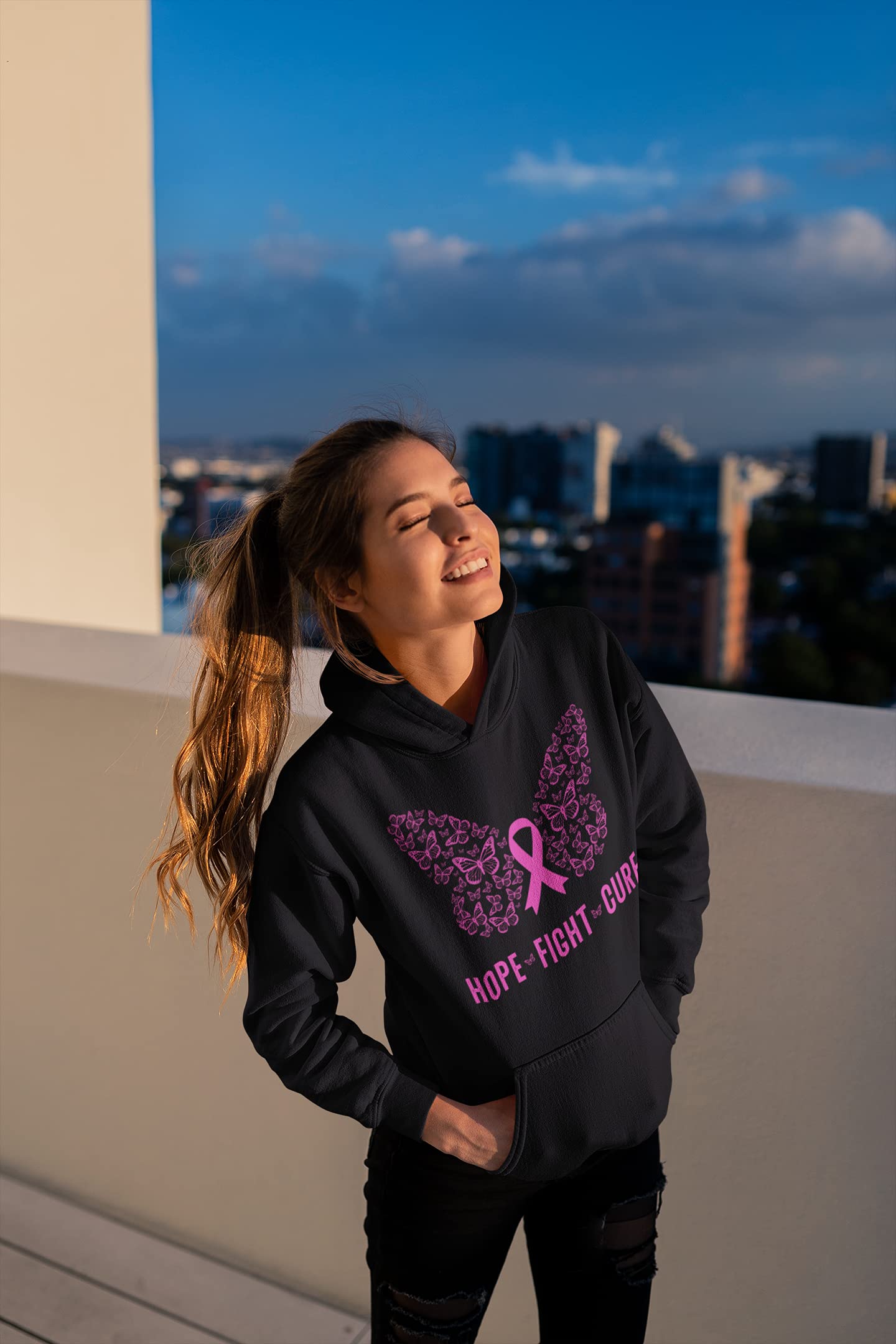 Kropsis Butterfly Ribbon Pink Hope Fight Cure Breast Cancer Awareness Support Hooded Sweatshirt - Comfortable Women's Hoodie for Cancer Survivors & Supporters, Perfect for Fundraising Events & Everyday Wear
