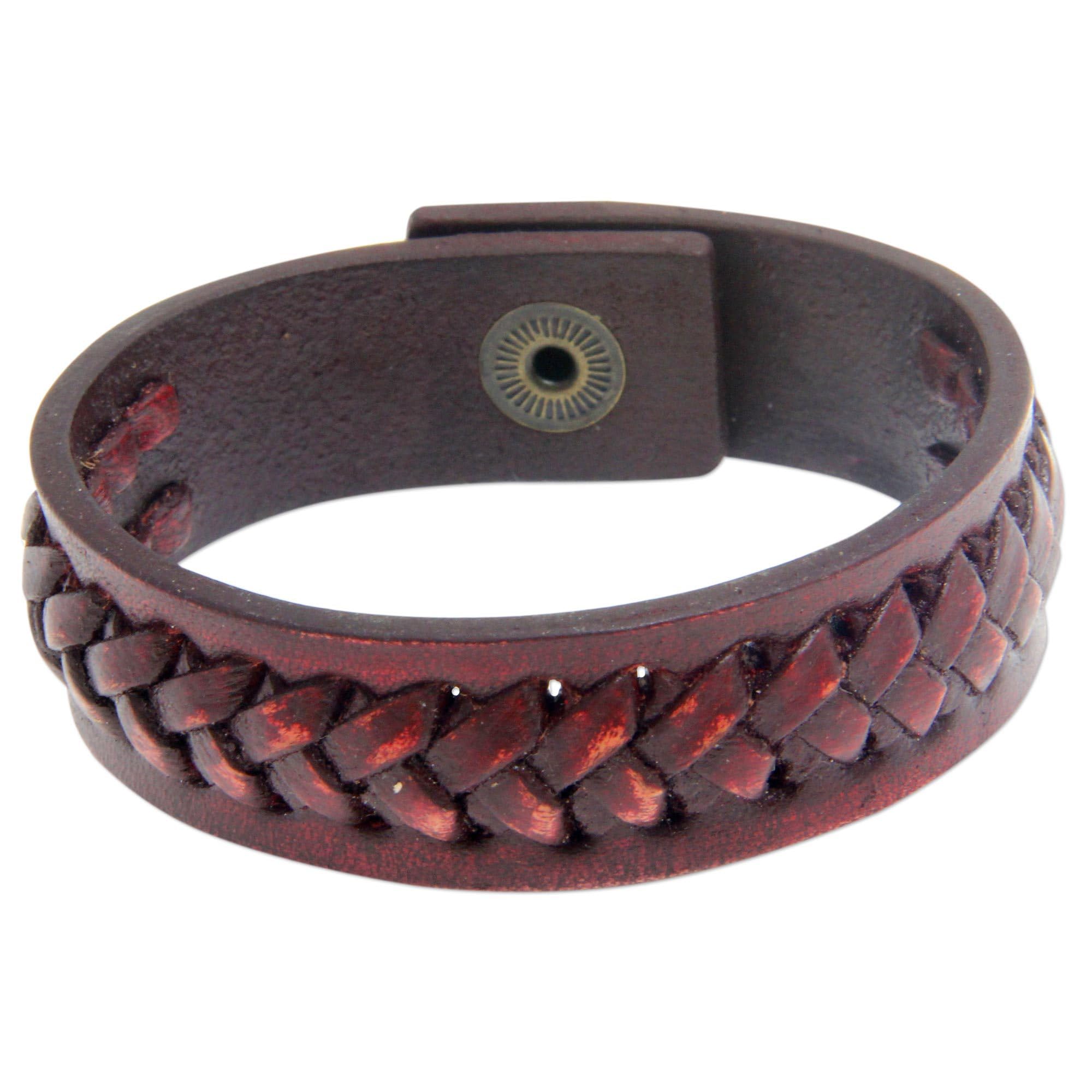 Handmade Genuine Leather Bracelet for Men & Women - Red Warrior Design - 7.25 Inch Adjustable Wristband - Indonesian Artisan Crafted - Boho Chic Jewelry for Casual Wear, Gift Giving & Festival Fashion