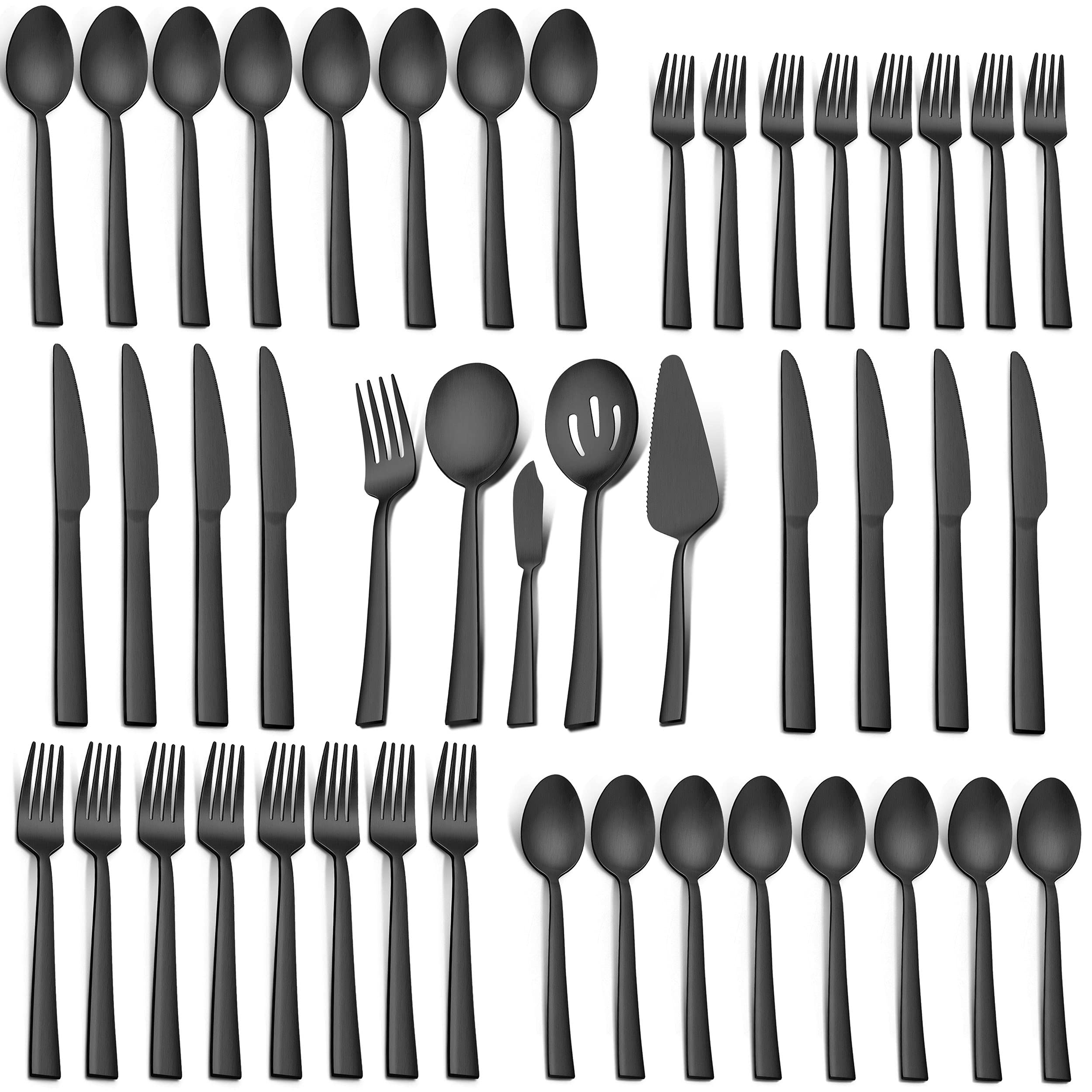 45-Piece Matte Black Silverware Set with Serving Utensils - Stainless Steel Flatware Cutlery Set for 8 - Square Tableware for Wedding, Home & Restaurant - Satin Finish & Dishwasher Safe - Perfect for Dinner Parties, Holidays & Everyday Dining