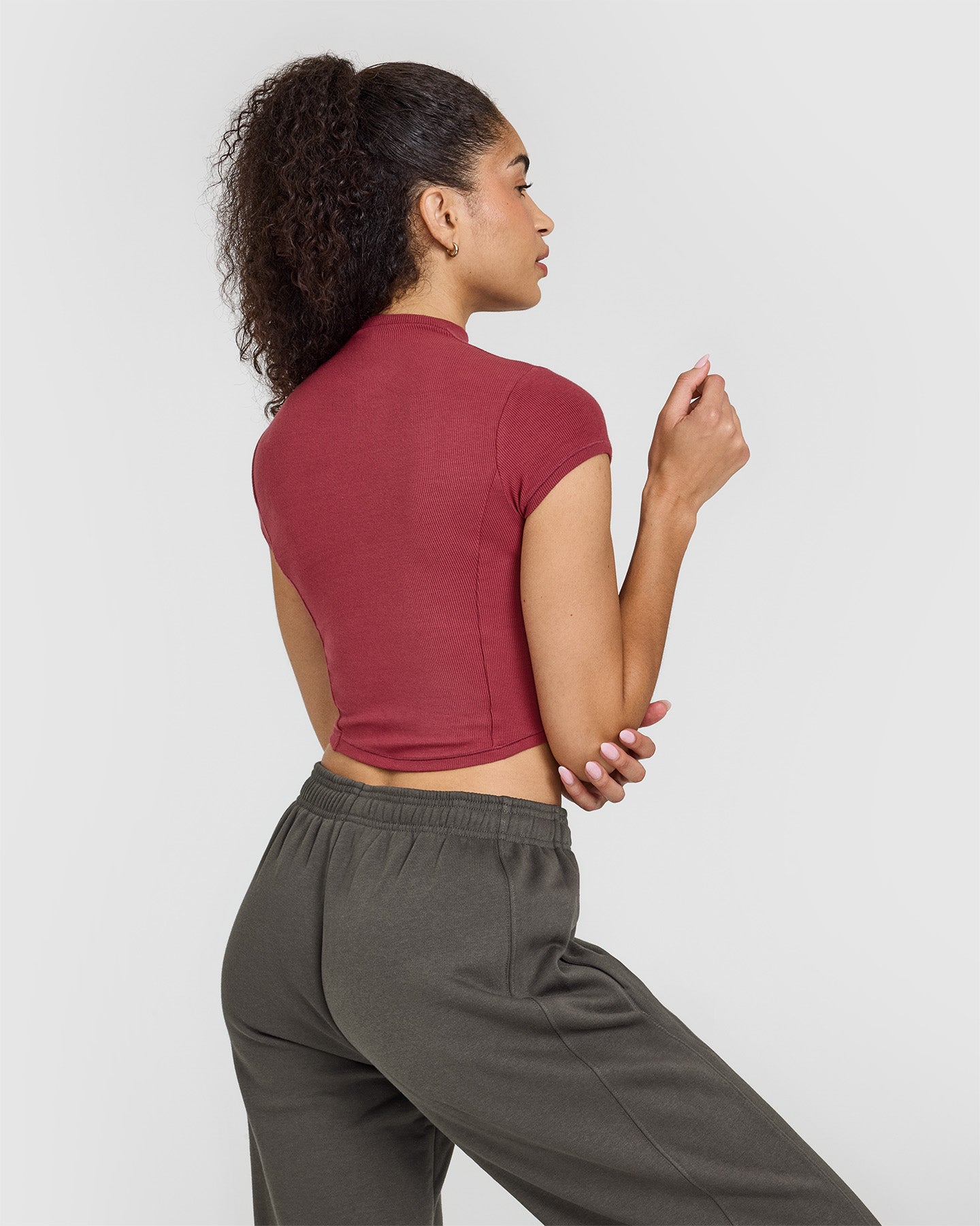 Mellow™ Rib Mid Mock Neck T-Shirt for Women - Soft Stretch Comfort Fit in Burnt Cherry | Casual Wear, Layering, Everyday Outfits