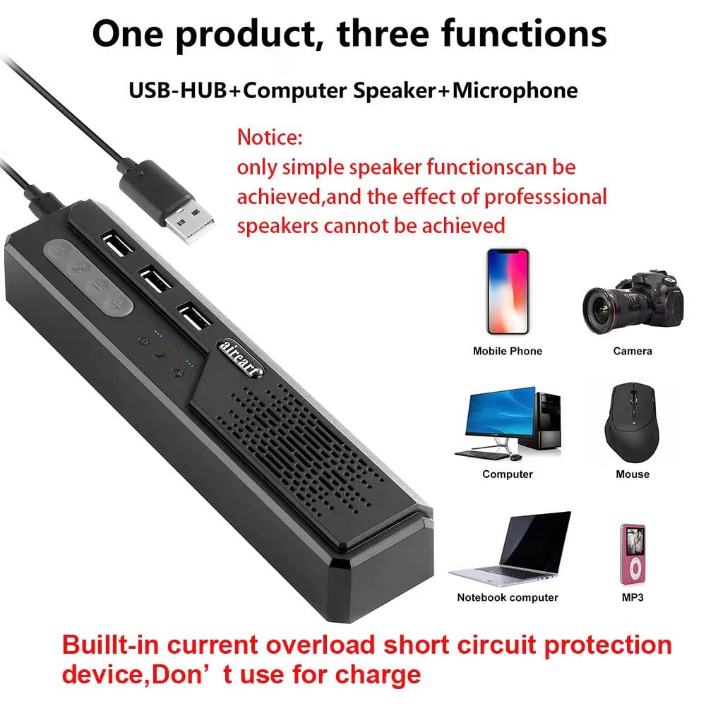 Y2106 USB Powered Computer Speaker with Microphone, USB-Hub, 3.5mm Headphone Jack, Wired Sound Bar for Teams, Zoom Meetings, Online Study, and Home Office