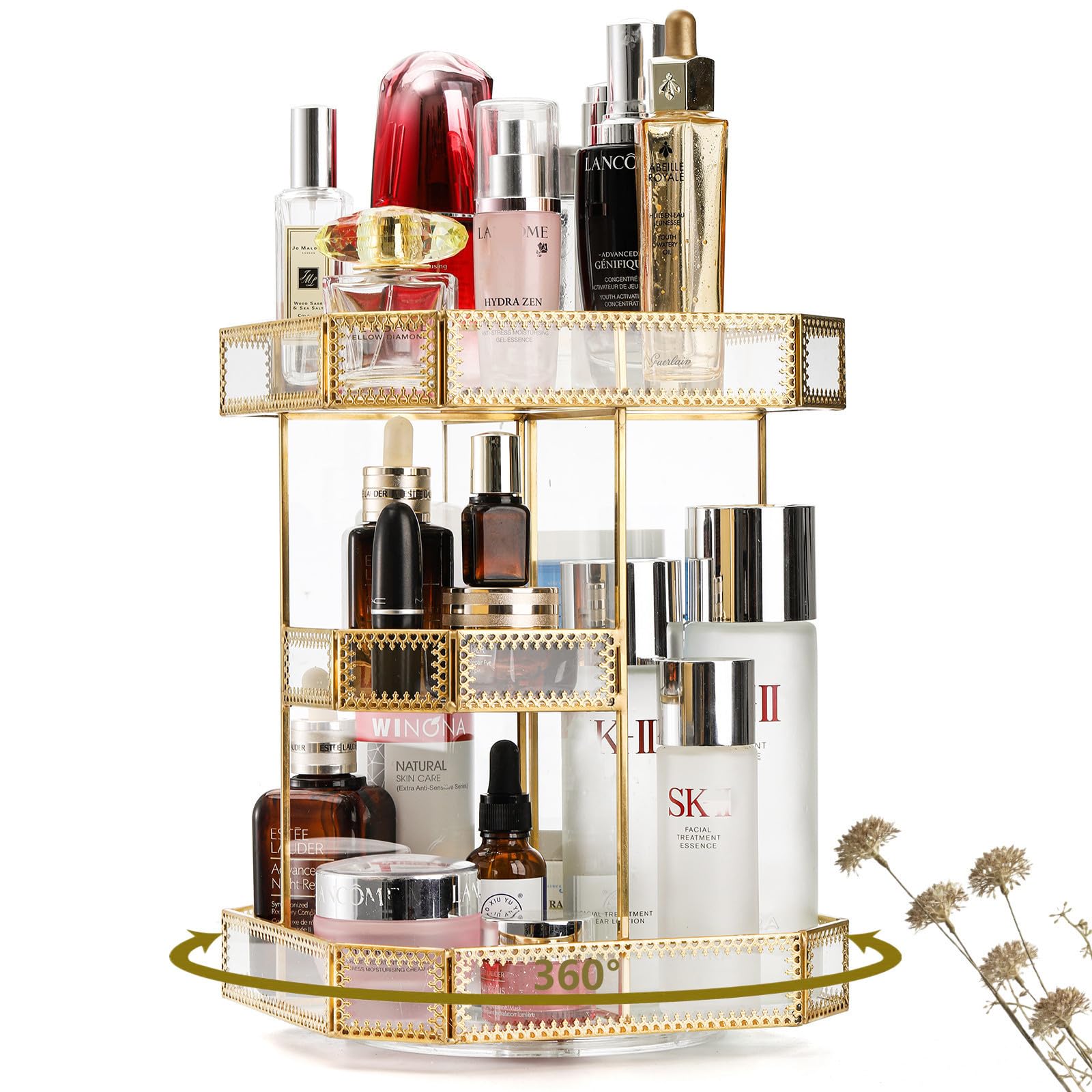 360 Degree Rotating Glass Makeup Organizer with Gold Trim - Large Clear Cosmetics Storage Display for Vanity | Holds Perfume, Brushes, Lipsticks & Skincare | Perfect for Bedroom Dresser, Bathroom Counter & Beauty Salon Organization