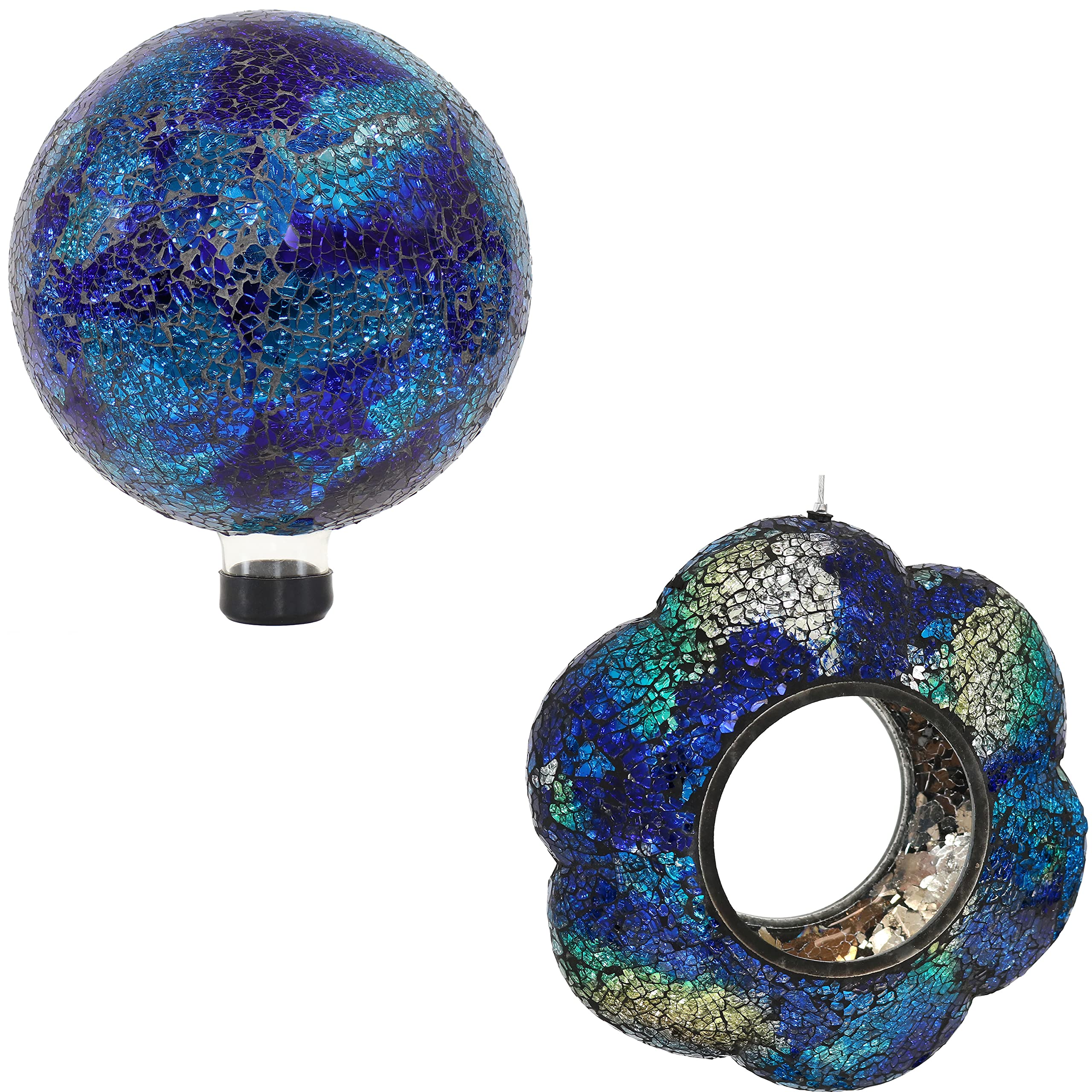 Sunnydaze 9-Inch Indigo Glass Flower Fly-Through Bird Feeder & 10-Inch Deep Ocean Swirl Blue Crackled Mosaic Gazing Globe Set - Outdoor Garden Decor for Birds & Aesthetic Landscaping