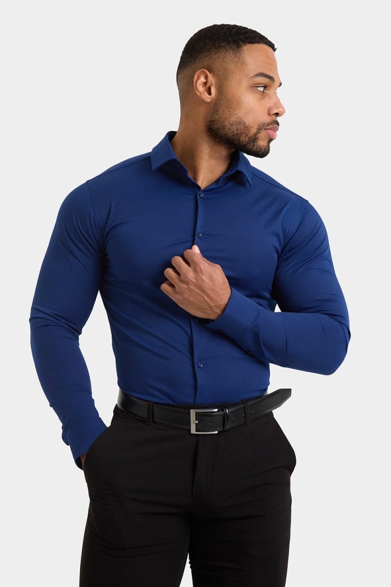 Premium Athletic Fit Dress Shirt for Men - Navy Blue Slim Fit Business Casual Shirt - Perfect for Office, Meetings & Formal Events