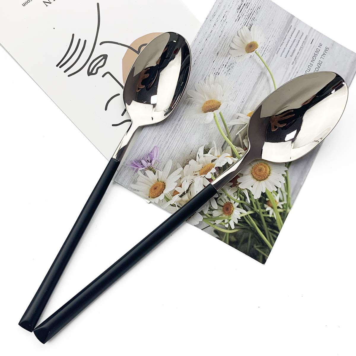 Premium JASHII 5-Piece Modern Silverware Set - 18/10 Stainless Steel Elegant Flatware with Square Edge - Mirror Polished & Dishwasher Safe (Black Silver) - Perfect for Fine Dining, Wedding Gifts & Upscale Kitchen Utensils
