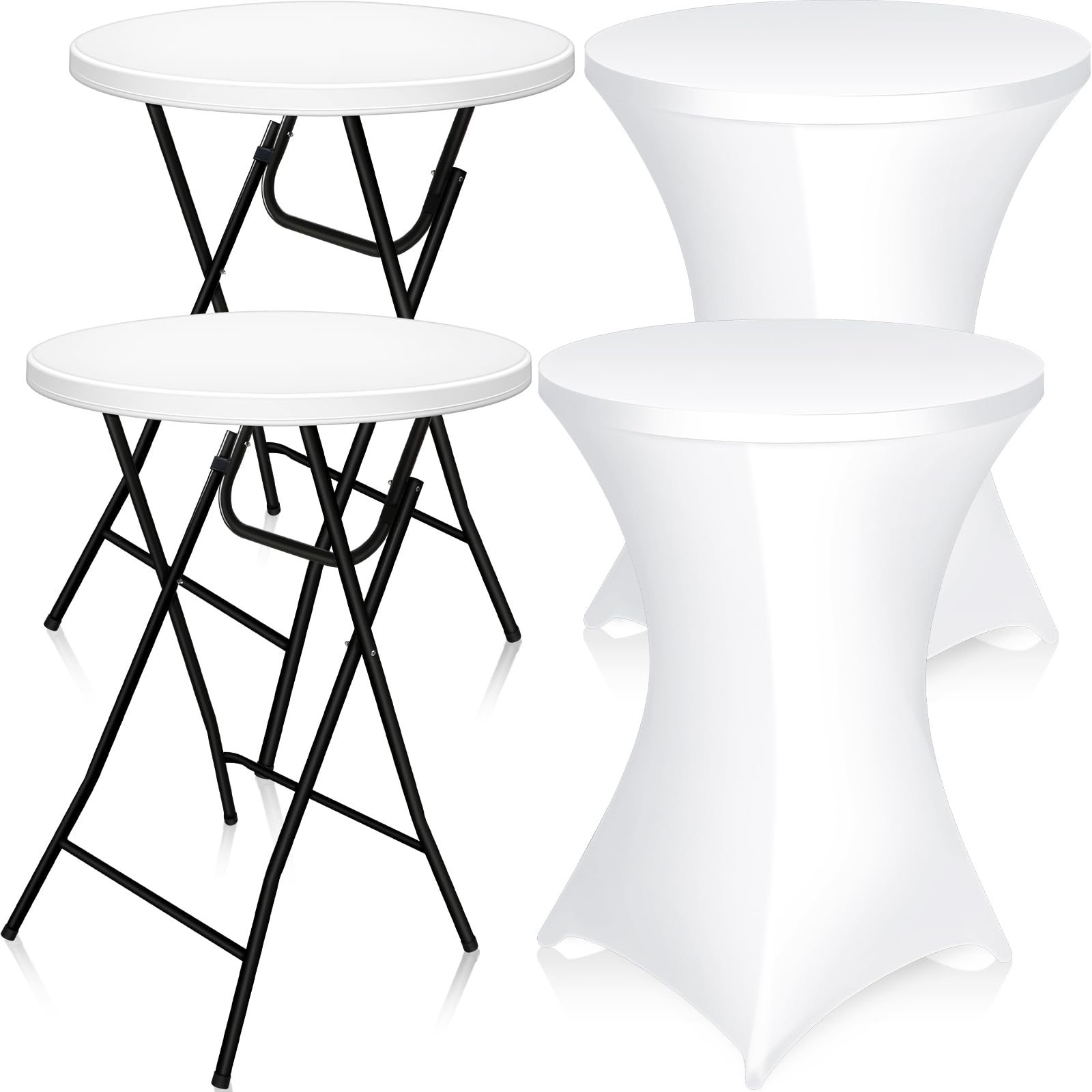 Wenqik 2-Pack 32'' High Top Cocktail Tables - White Round Bar Height Folding Tables with Removable Legs (32x43'') & Stretch Spandex Tablecloths - Perfect for Parties, Weddings, and Outdoor Events