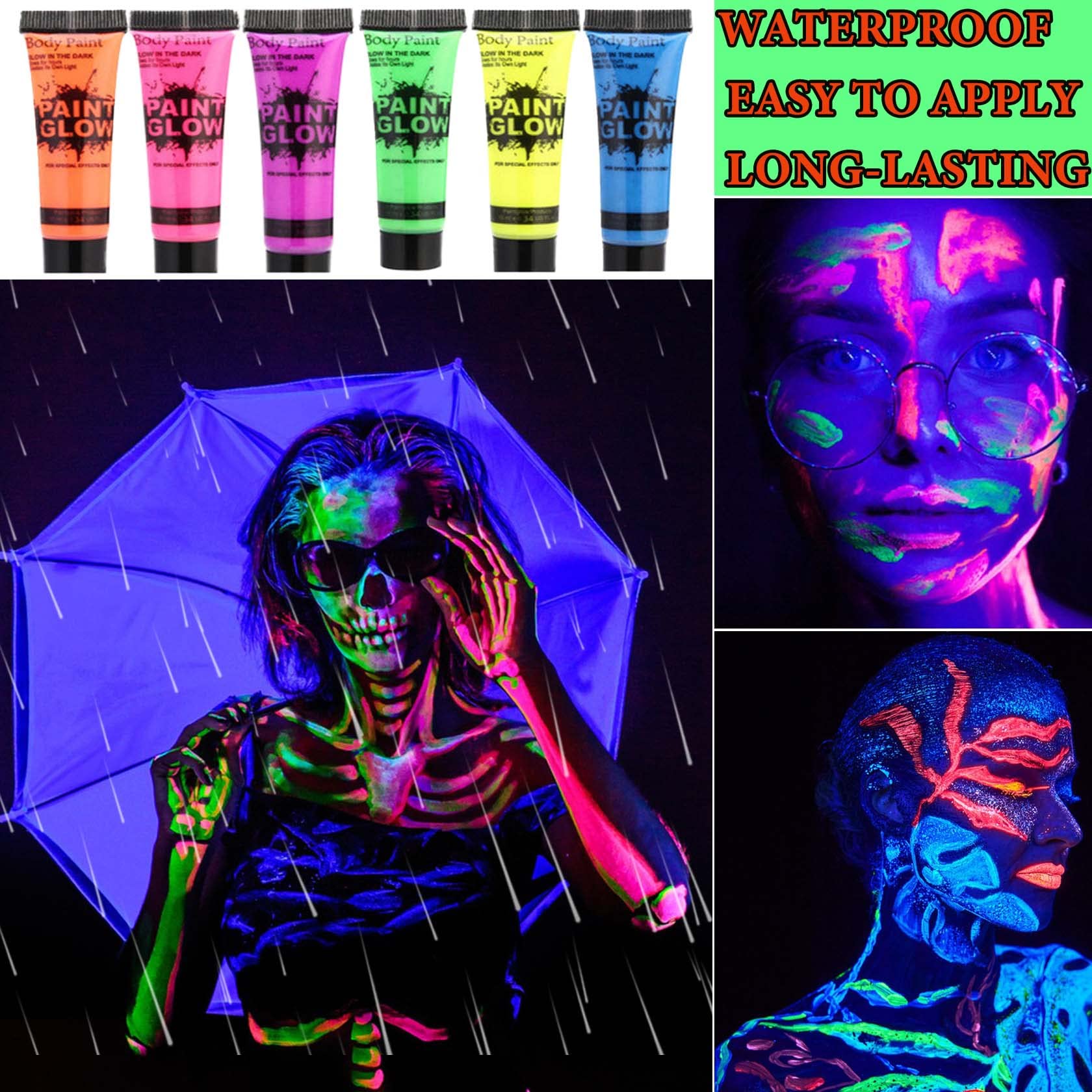 6 Pack Glow in the Dark Face & Body Paint Set - Blacklight Reactive Neon Paint for Halloween, Raves & Parties - Washable UV Body Makeup for Kids & Adults - Perfect for Costumes, Festivals & Night Events