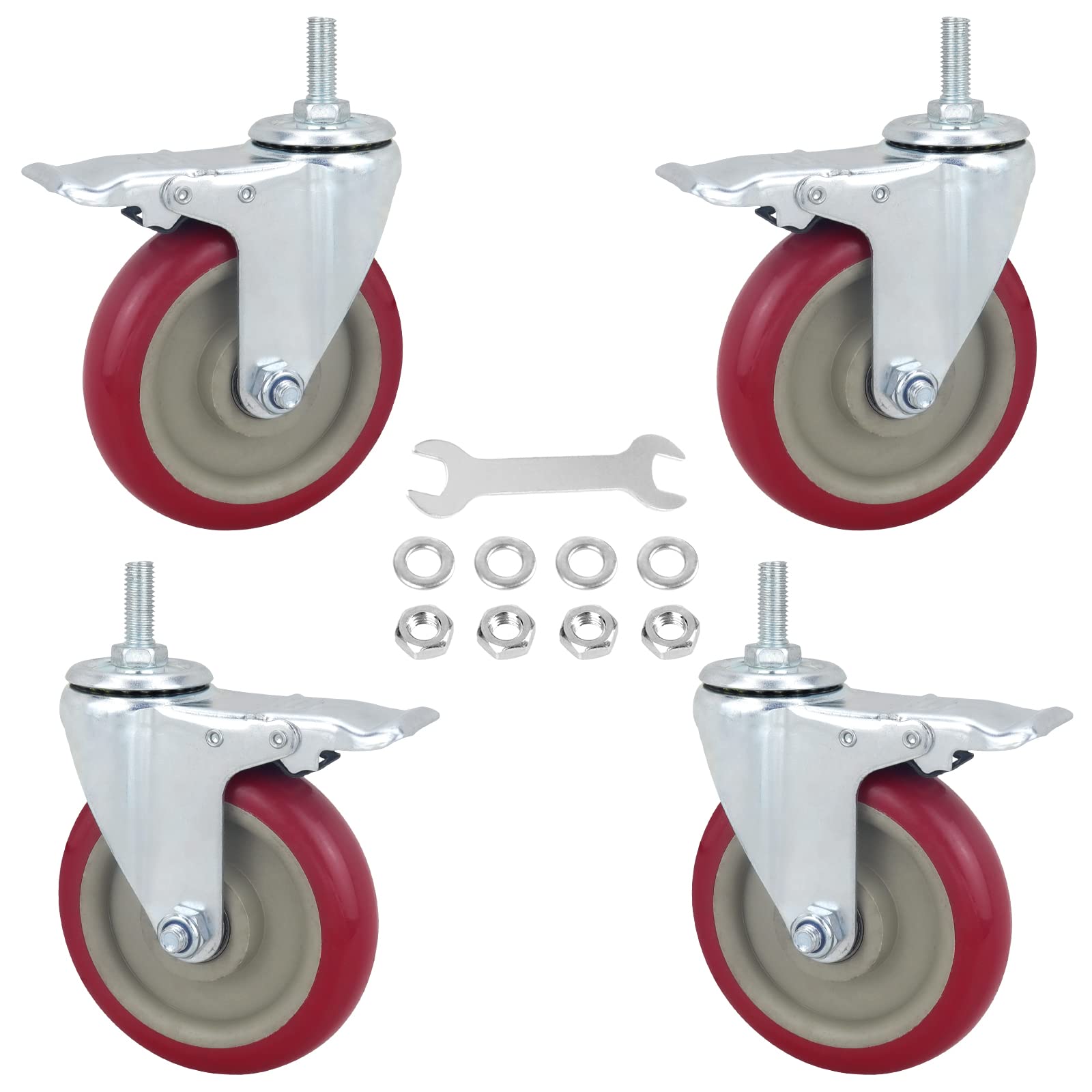 Heavy Duty Stem Casters with Brake - 5 Inch PU Noiseless Swivel Wheels Set of 4 (M12x30mm with Nut & Wrench Included) - Perfect for Industrial Carts, Workbenches, and Moving Equipment