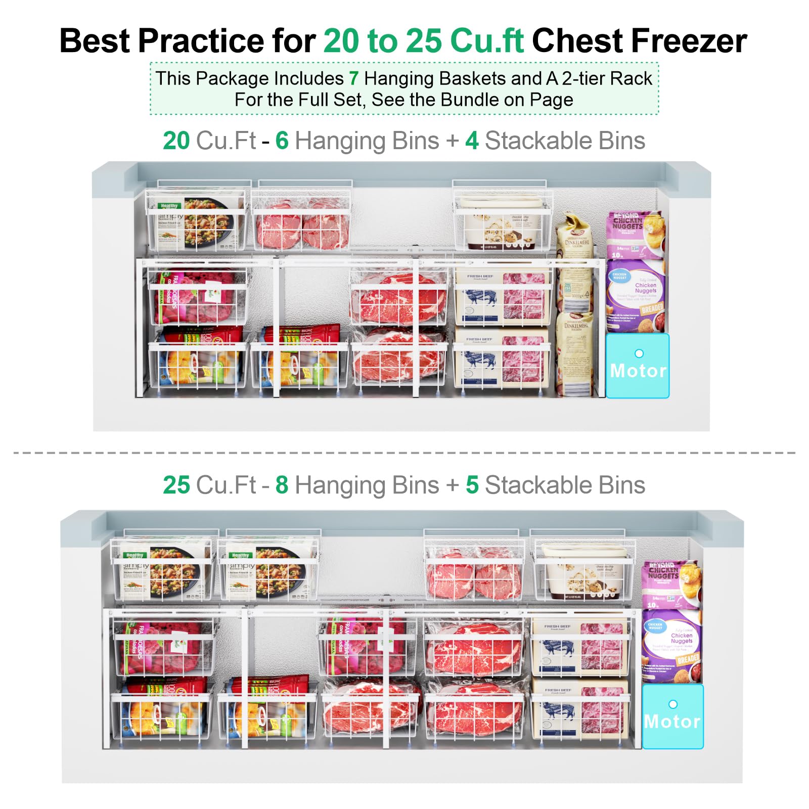 iSPECLE 25 Cu.Ft Large Chest Freezer with 7 Hanging Bins & 2-Tier Rack - Easy Slide Access for Home, Restaurant, or Commercial Use - Perfect for Bulk Food Storage, Meal Prep, and Business Needs