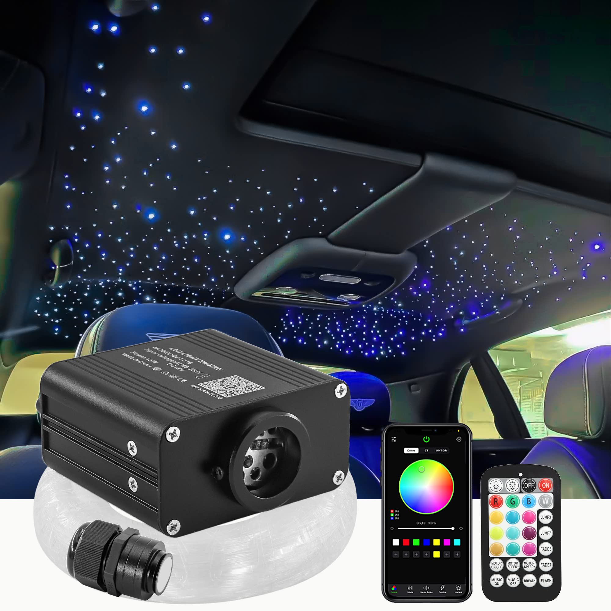 Starlight Headliner Kit - Upgraded 16W Fiber Optic Star Lights for Car Interior (450pcs Mixed Sizes) with APP & RF Remote Control | Perfect for Car Ceiling Decor, Bedroom Ambience & Romantic Nights