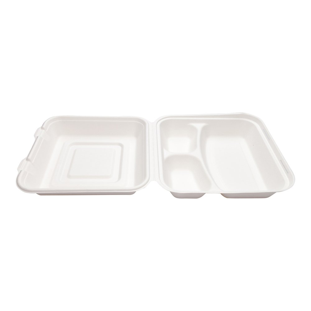 Premium 25 oz Bagasse Clamshell Takeout Containers - 3 Compartment Eco-Friendly Disposable Food Boxes (10
