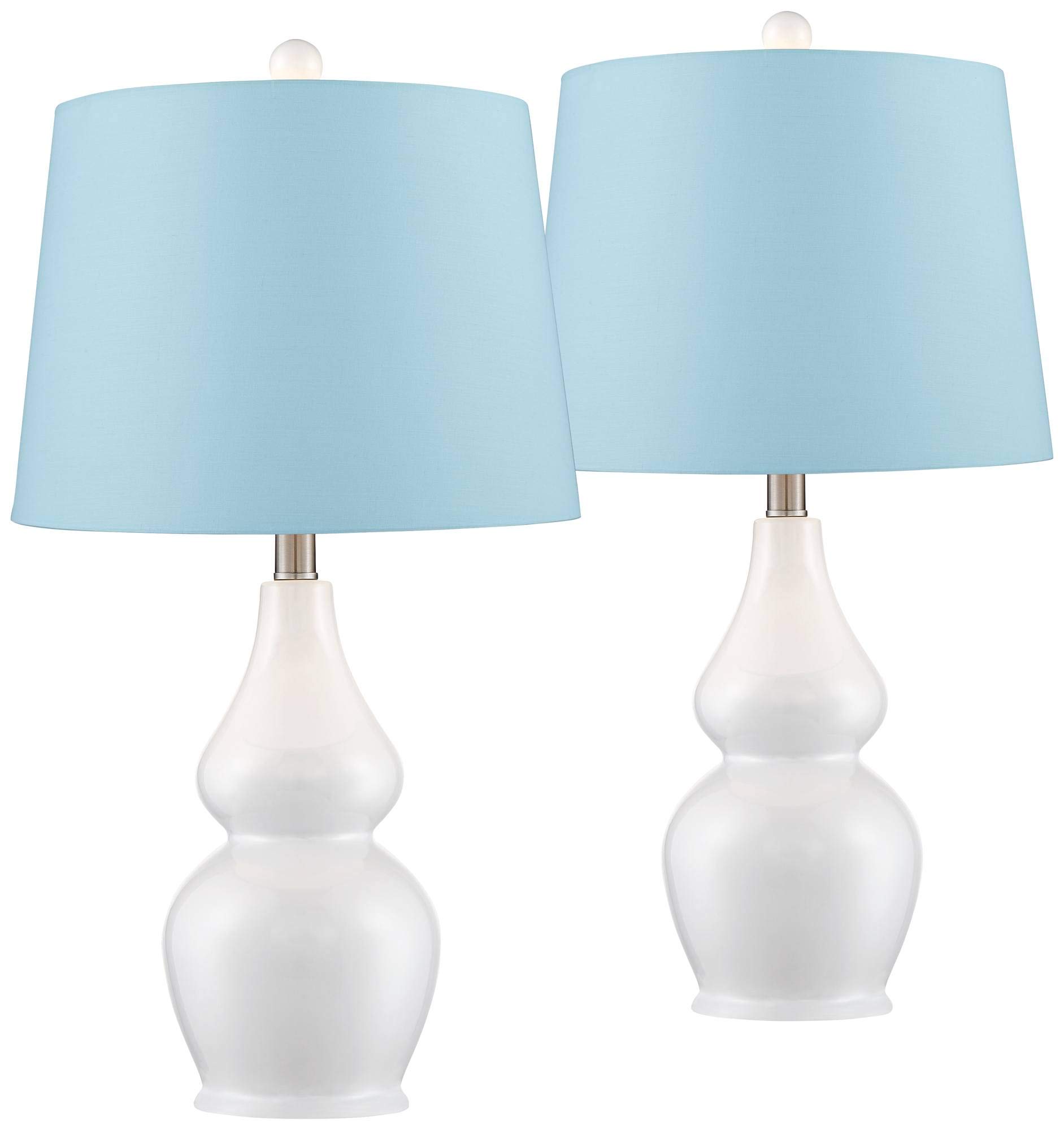 360 Lighting Jane Modern Table Lamps - Set of 2 White Ceramic Double Gourd Lamps with Blue Hardback Fabric Tapered Drum Shade (25