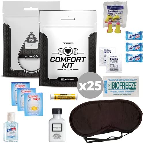 Go2Kits Comfort Care Kit for Patients - 25 Pack with Queasy Drops, Lip Balm, Pain Relief Gel, Hand Lotion, Sleeping Mask & Mints | Essential Care for Chemotherapy, Pregnancy, Hospital Recovery & Home Comfort