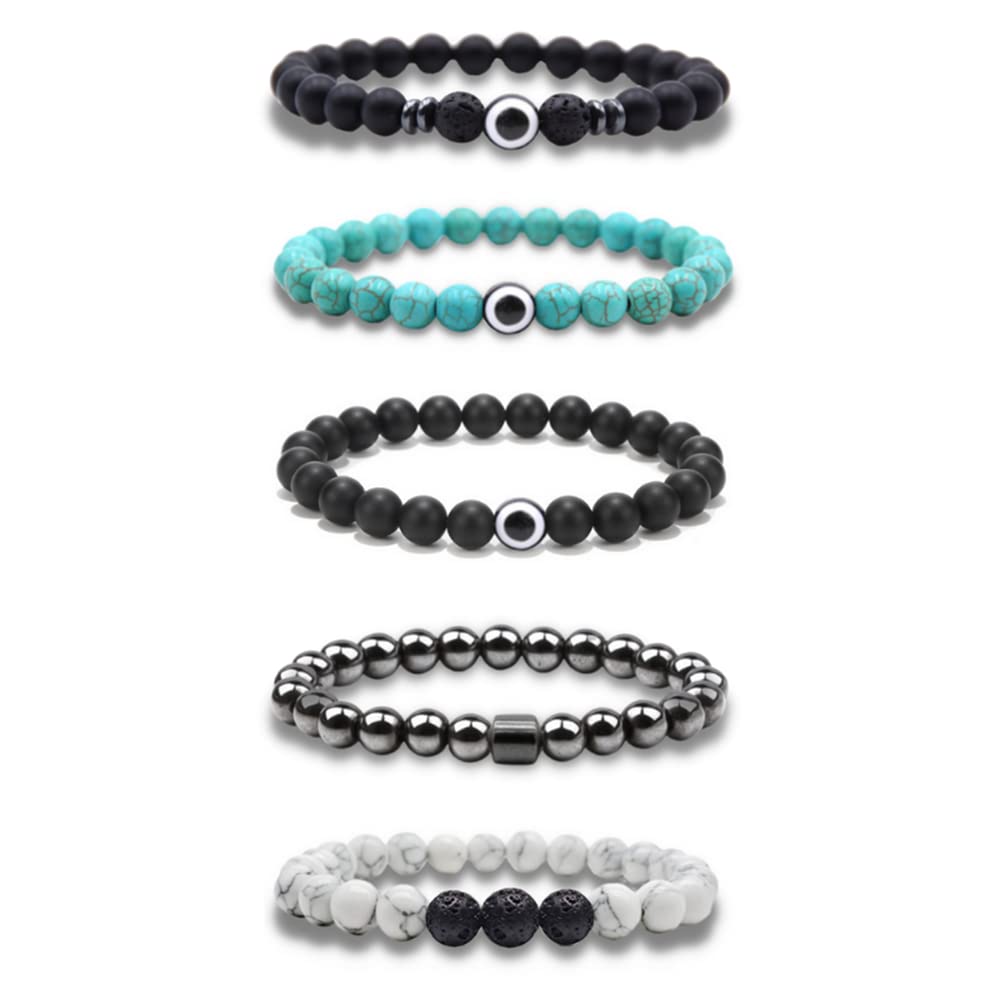 Natural Lava Rock Beads Stretch Bracelet Set - Adjustable Braided Rope Gemstone Elastic Bracelets for Men & Women (5-Piece Set) - Perfect for Yoga, Meditation & Spiritual Healing