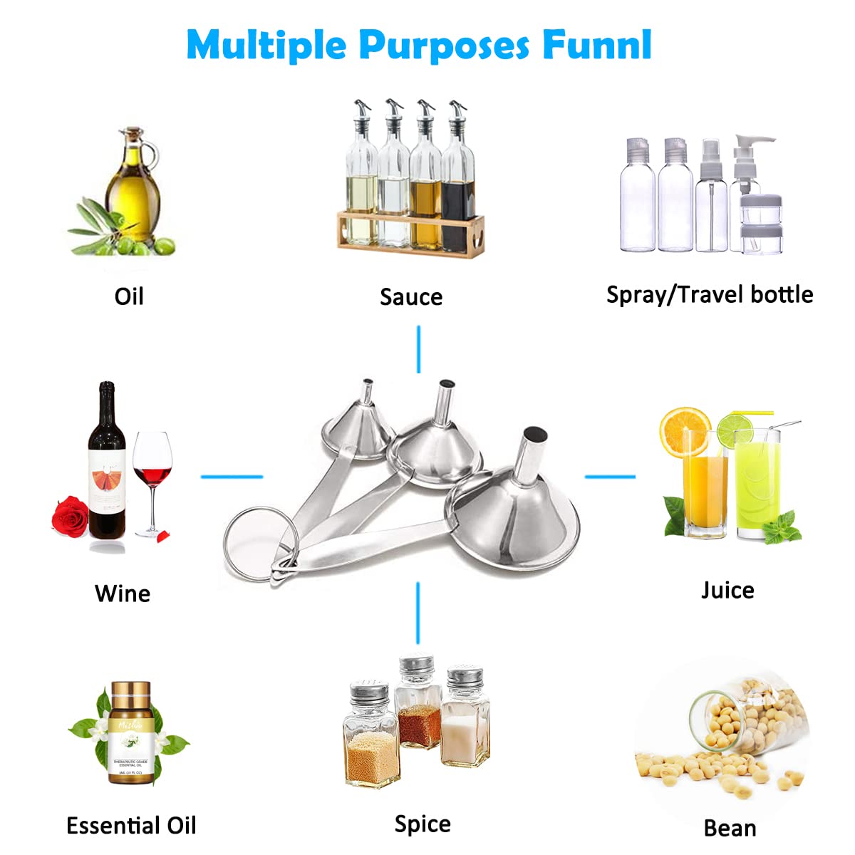 3-Piece Stainless Steel Kitchen Funnel Set - Long Handle Food Grade Metal Funnels for Bottles, Oil & Liquids Transfer - Easy to Clean with Brush - Perfect for Home Kitchen, DIY Projects & Essential Oil Bottling