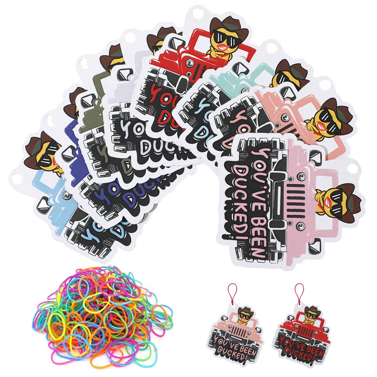 24 Pack Rubber Duck Tags with 24 Colorful Rubber Bands - 2.6 x 2.4 Inch Cruise Duck Cards for Hide & Seek Games, Cruise Ship Fun, and Surprise Gift Scavenger Hunts