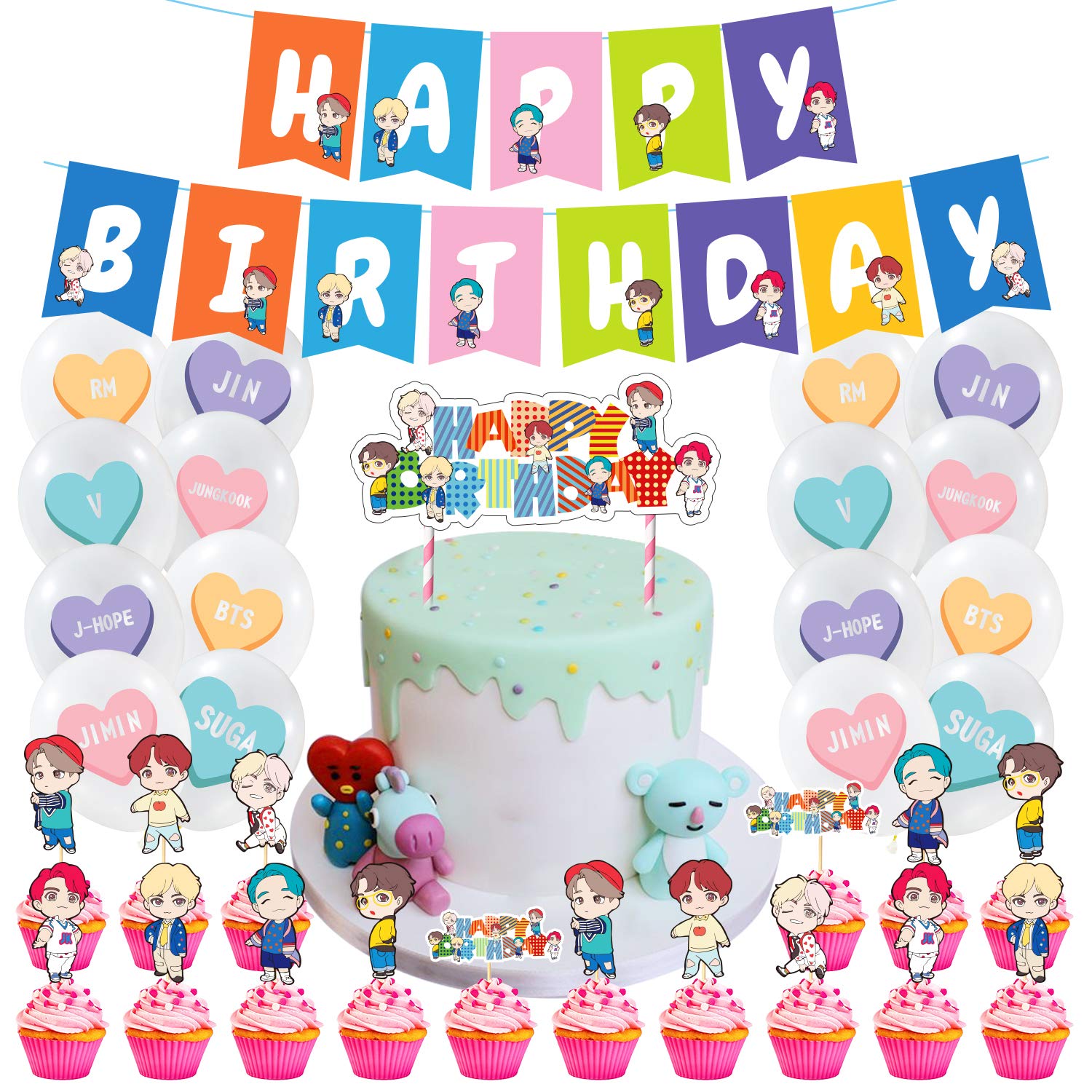 BTS Army Theme Birthday Party Decorations Set - Includes Banner, Cake Toppers & Balloons for BTS Fans | Perfect for K-Pop Themed Birthday Celebrations and Fan Gatherings