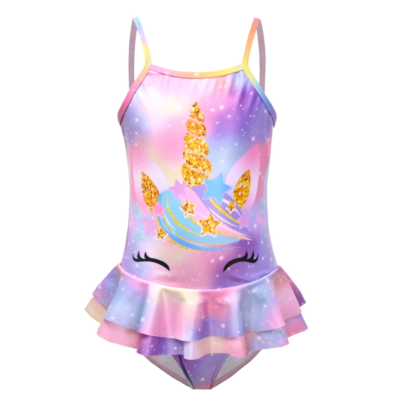 QPANCY Girls One Piece Swimsuit with Ruffle & Unicorn Print - Adjustable Strap Bathing Suit for Beach, Pool & Summer Water Activities
